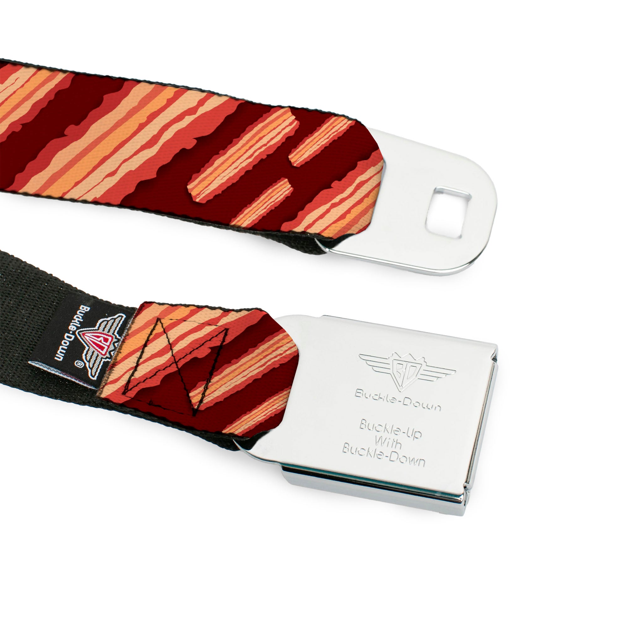 BD Wings Logo CLOSE-UP Full Color Black Silver Seatbelt Belt - Bacon Slices Maroon Webbing Seatbelt Belts Buckle-Down