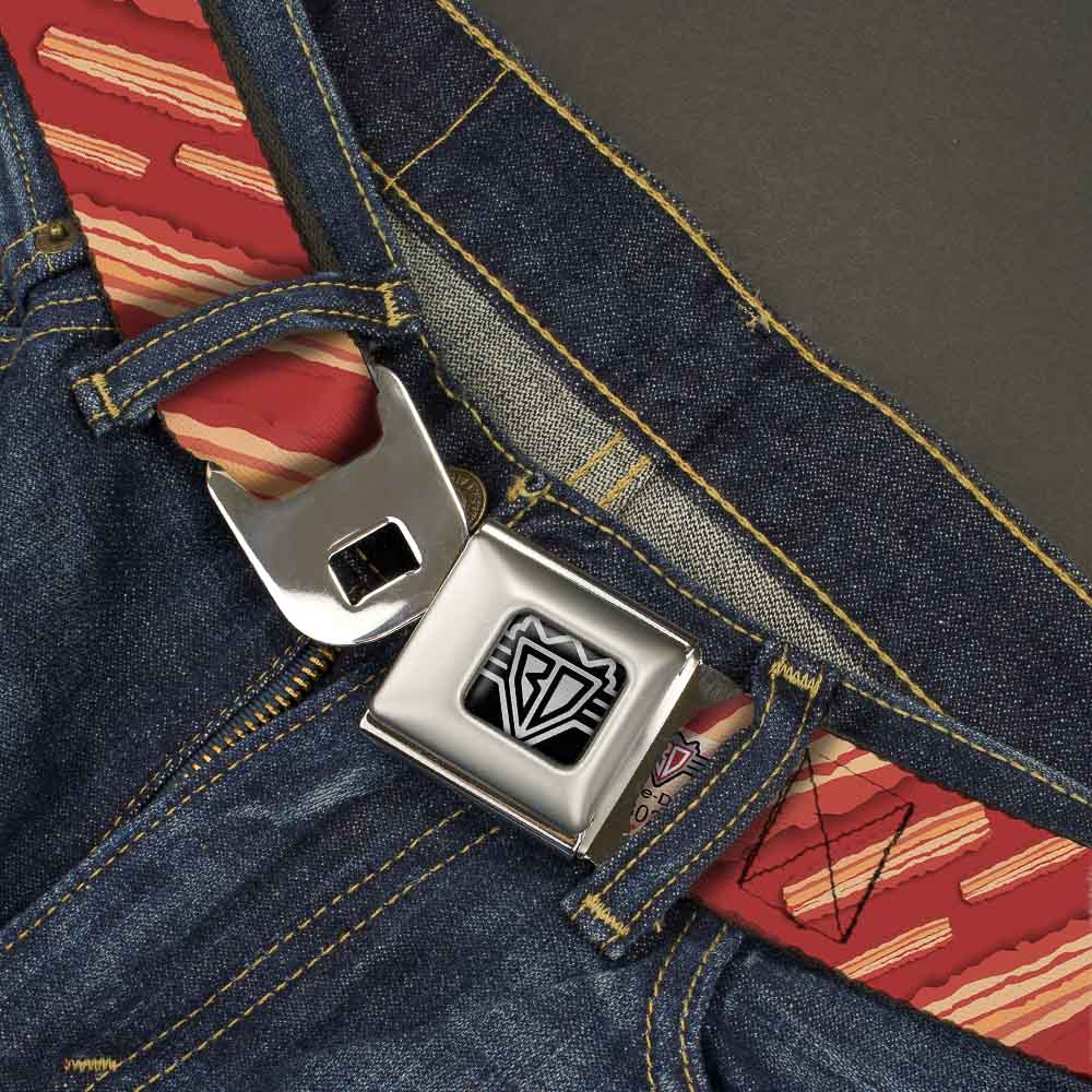 BD Wings Logo CLOSE-UP Full Color Black Silver Seatbelt Belt - Bacon Slices Red Webbing Seatbelt Belts Buckle-Down