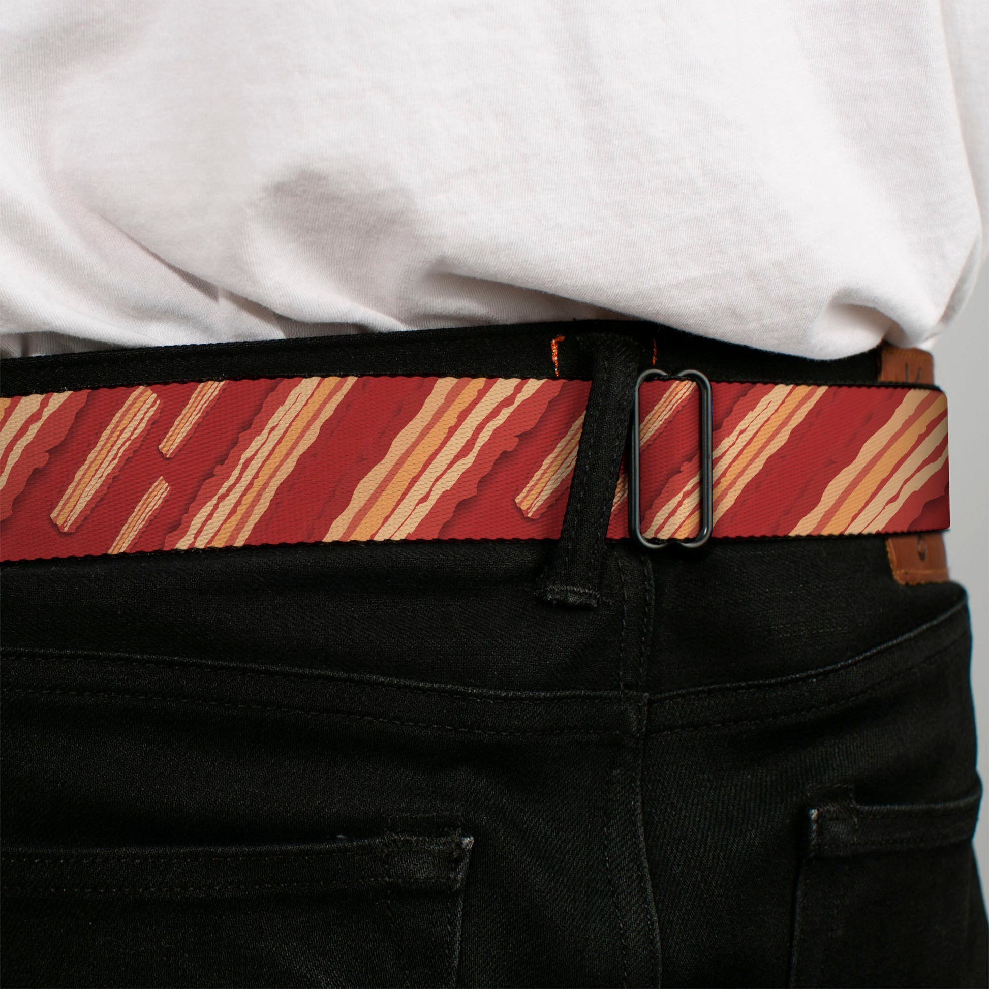 BD Wings Logo CLOSE-UP Full Color Black Silver Seatbelt Belt - Bacon Slices Red Webbing Seatbelt Belts Buckle-Down