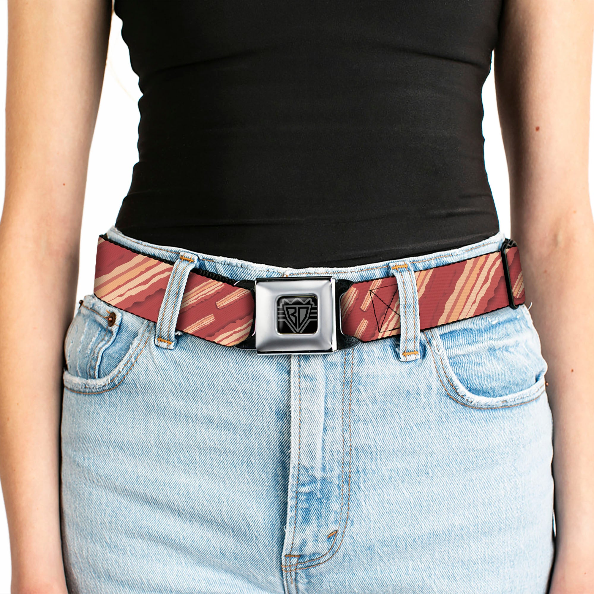 BD Wings Logo CLOSE-UP Full Color Black Silver Seatbelt Belt - Bacon Slices Red Webbing Seatbelt Belts Buckle-Down
