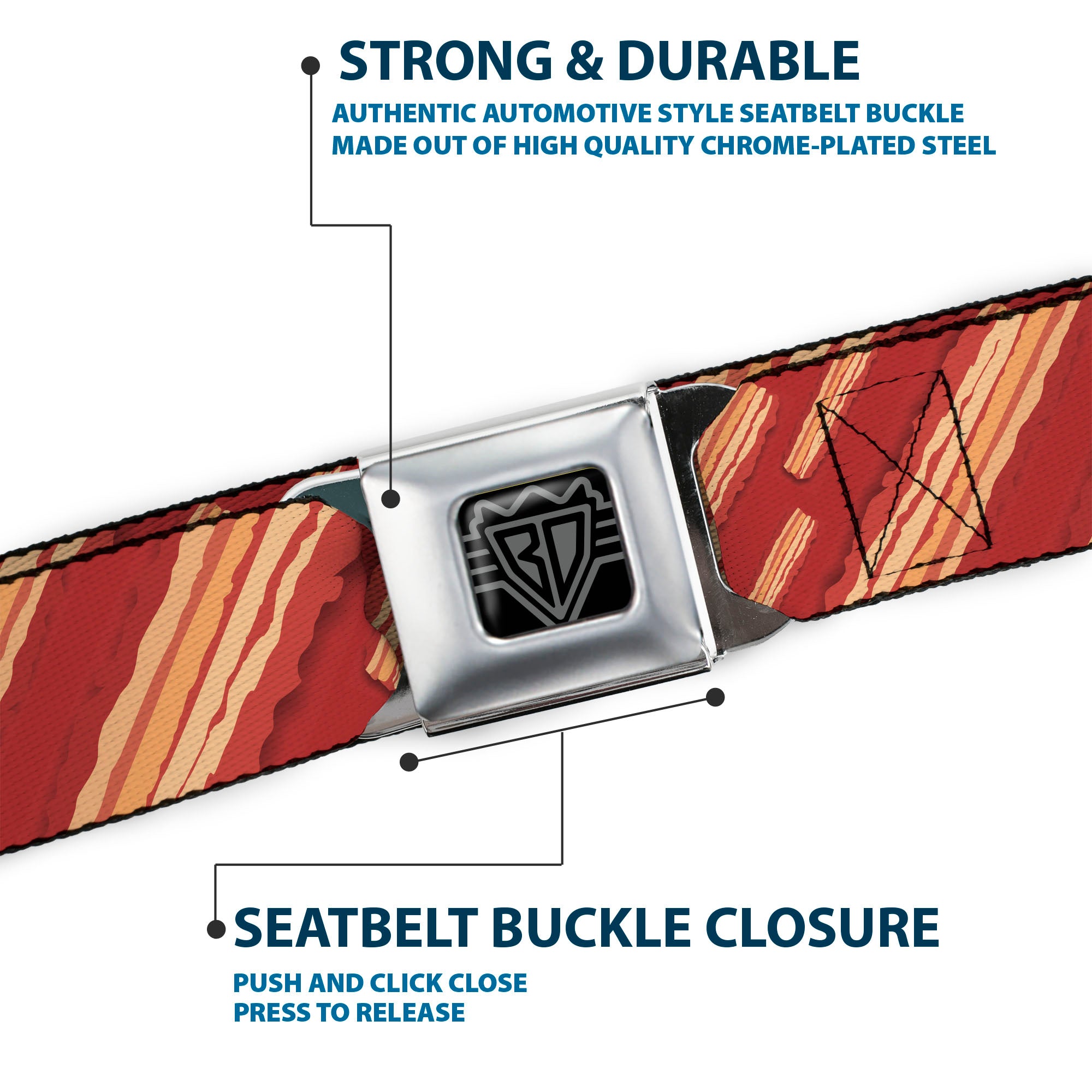 BD Wings Logo CLOSE-UP Full Color Black Silver Seatbelt Belt - Bacon Slices Red Webbing Seatbelt Belts Buckle-Down