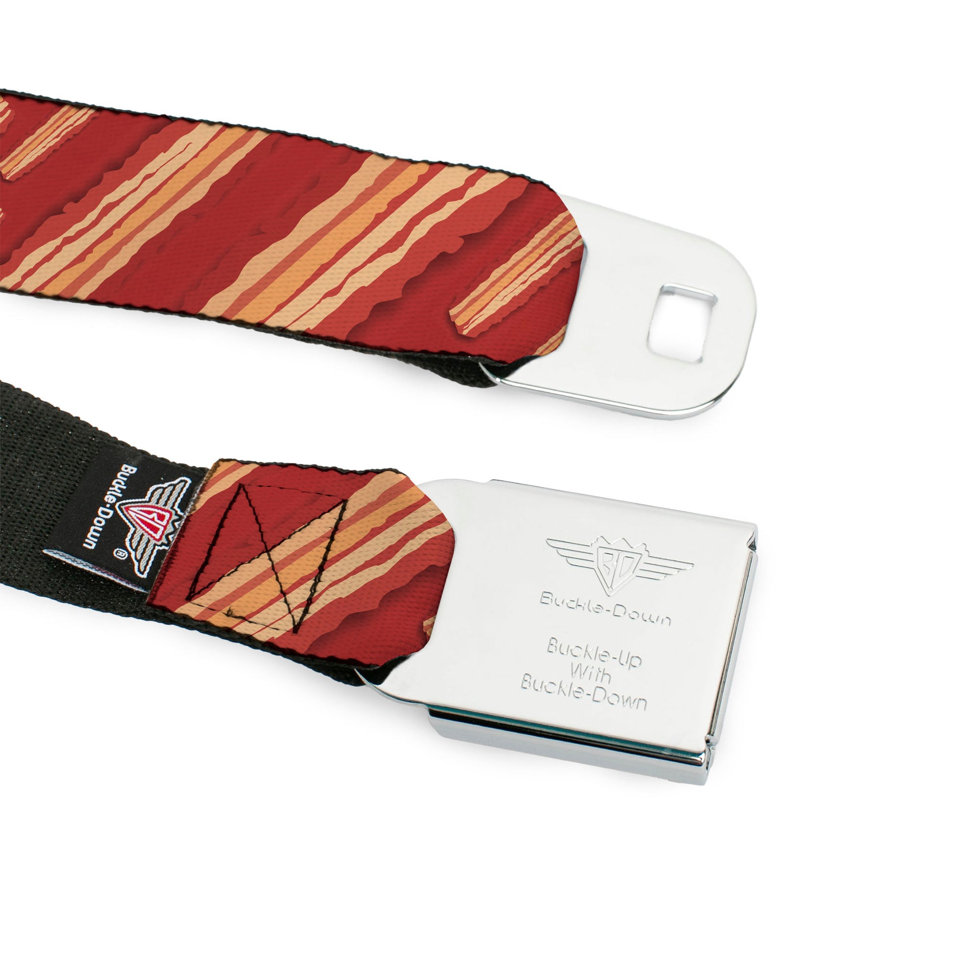 BD Wings Logo CLOSE-UP Full Color Black Silver Seatbelt Belt - Bacon Slices Red Webbing Seatbelt Belts Buckle-Down