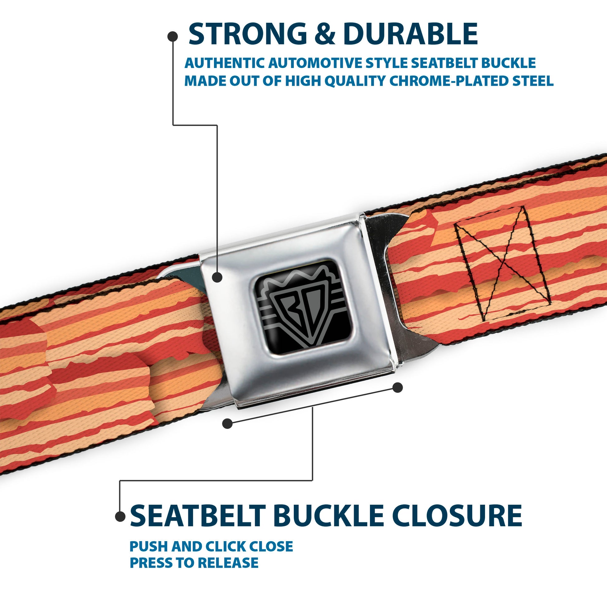 BD Wings Logo CLOSE-UP Full Color Black Silver Seatbelt Belt - Bacon Stacked Webbing Seatbelt Belts Buckle-Down