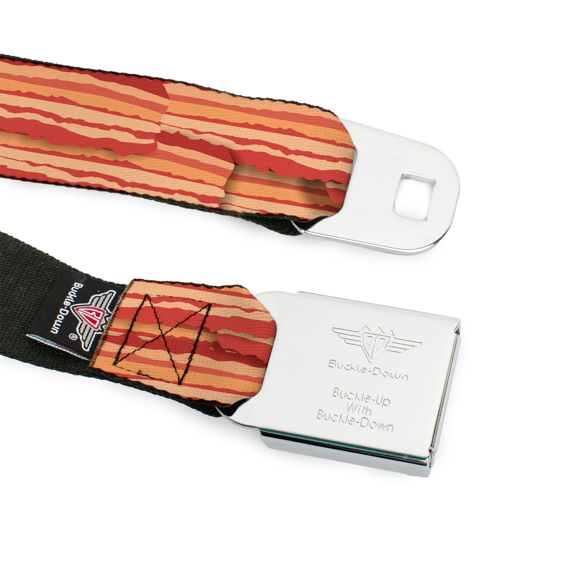 BD Wings Logo CLOSE-UP Full Color Black Silver Seatbelt Belt - Bacon Stacked Webbing Seatbelt Belts Buckle-Down
