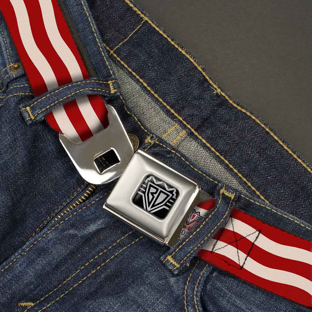 BD Wings Logo CLOSE-UP Full Color Black Silver Seatbelt Belt - Bacon Stripe Webbing Seatbelt Belts Buckle-Down