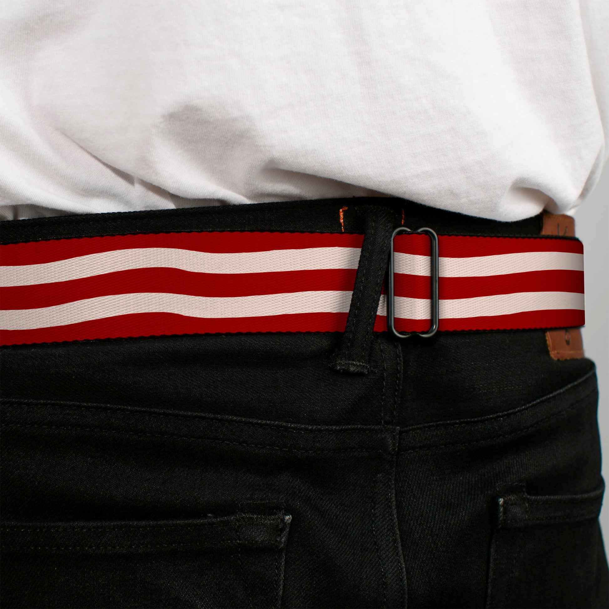 BD Wings Logo CLOSE-UP Full Color Black Silver Seatbelt Belt - Bacon Stripe Webbing Seatbelt Belts Buckle-Down