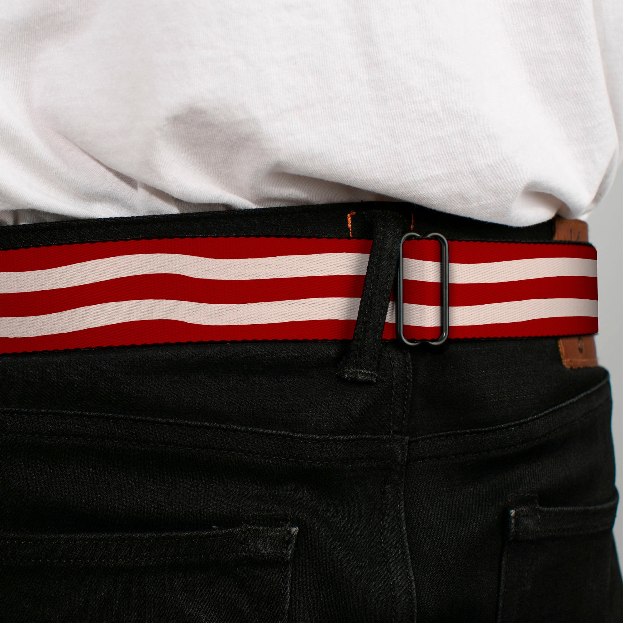 BD Wings Logo CLOSE-UP Full Color Black Silver Seatbelt Belt - Bacon Stripe Webbing Seatbelt Belts Buckle-Down