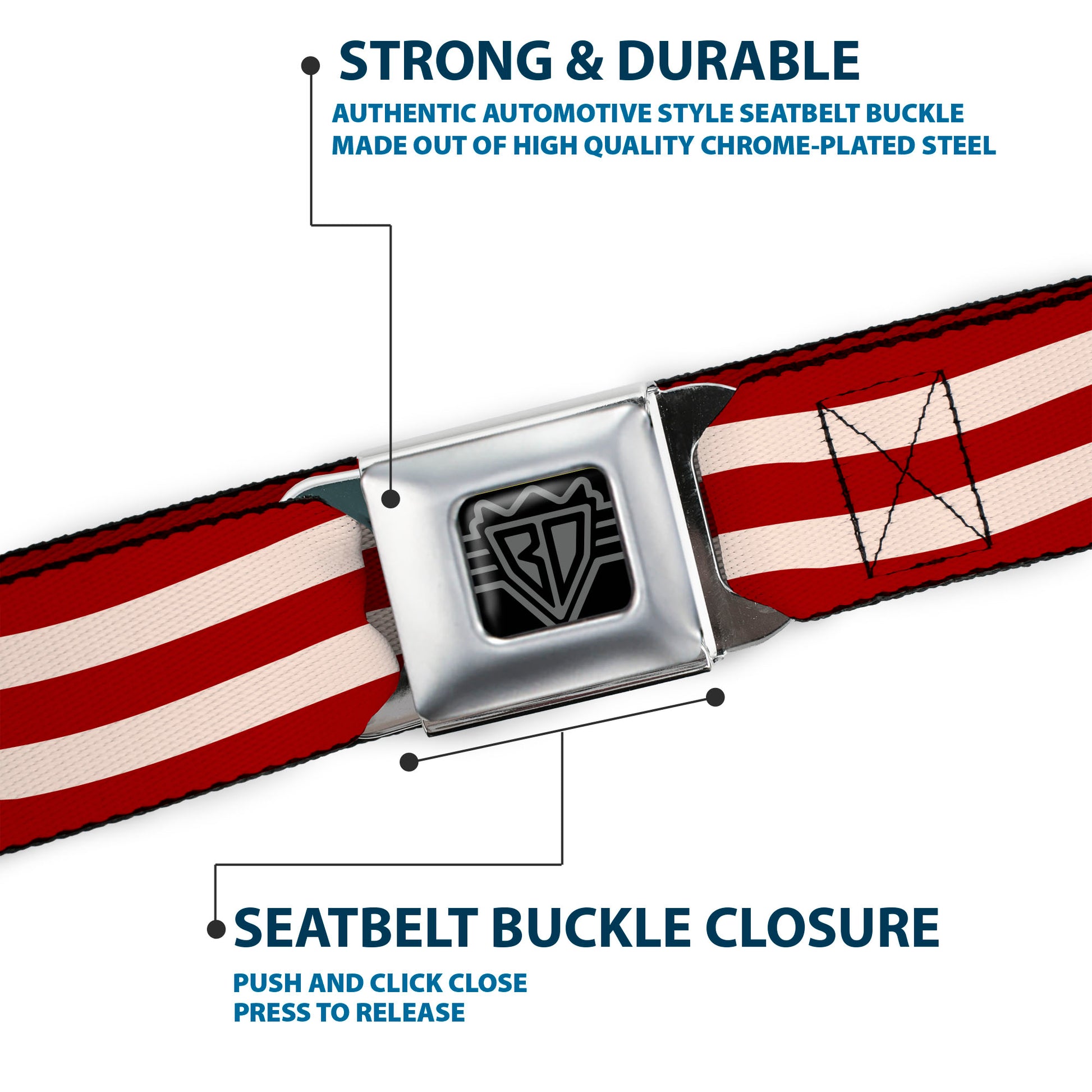 BD Wings Logo CLOSE-UP Full Color Black Silver Seatbelt Belt - Bacon Stripe Webbing Seatbelt Belts Buckle-Down