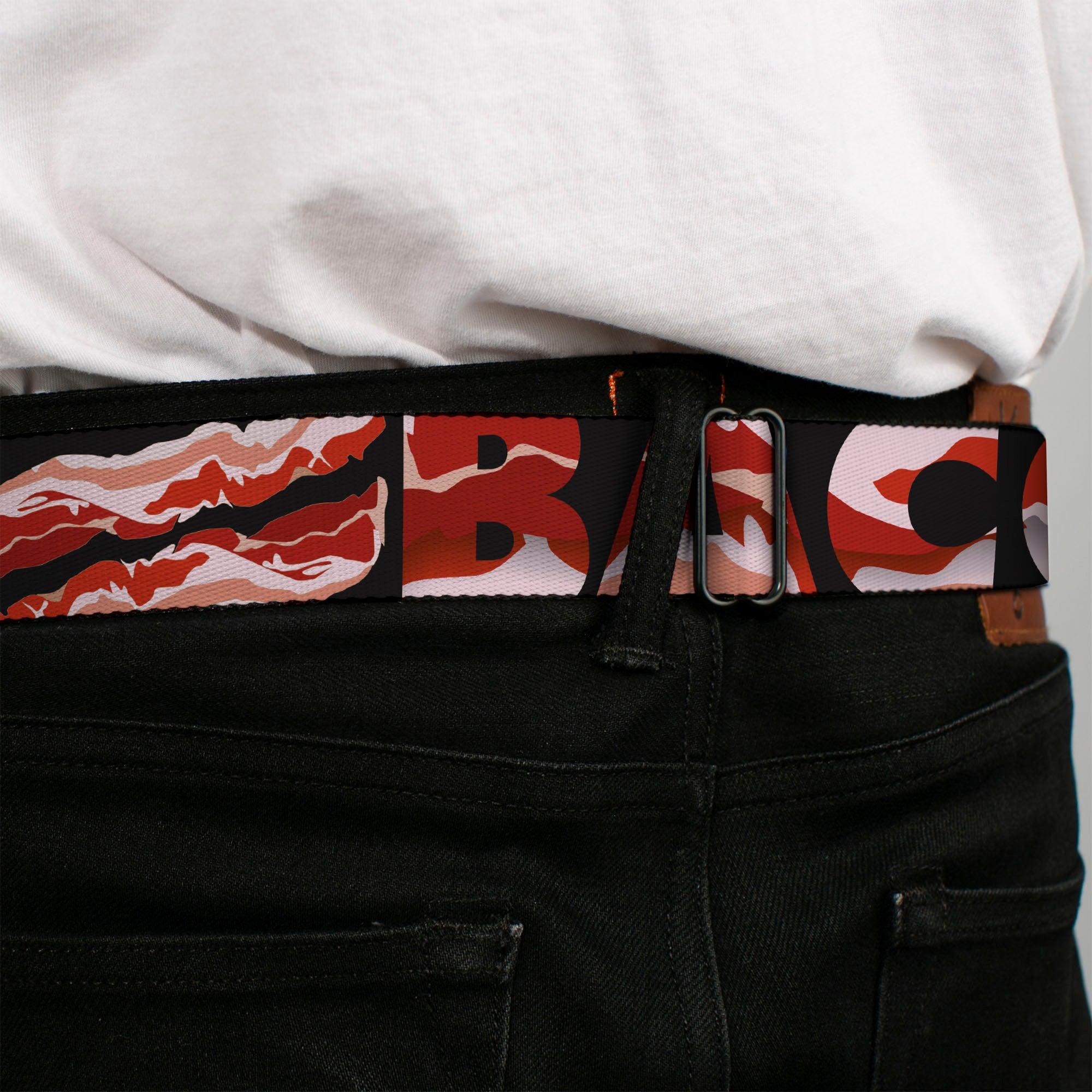 BD Wings Logo CLOSE-UP Full Color Black Silver Seatbelt Belt - Bacon w/Text1 Webbing Seatbelt Belts Buckle-Down