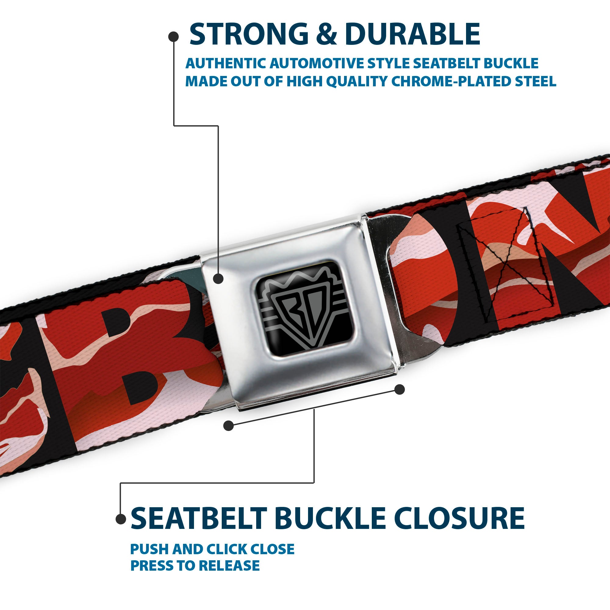 BD Wings Logo CLOSE-UP Full Color Black Silver Seatbelt Belt - Bacon w/Text1 Webbing Seatbelt Belts Buckle-Down
