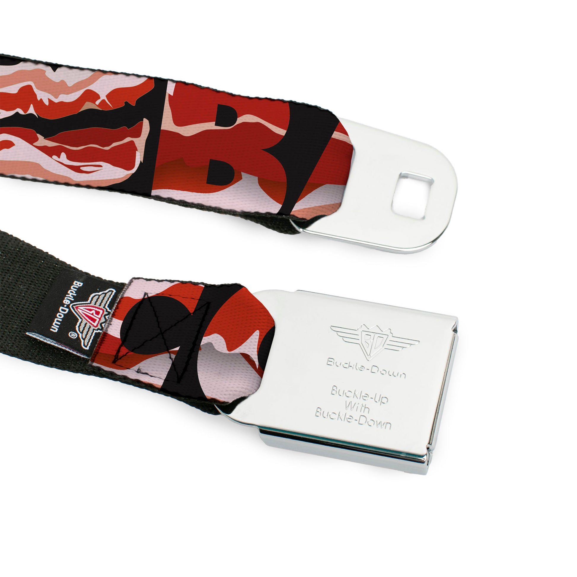 BD Wings Logo CLOSE-UP Full Color Black Silver Seatbelt Belt - Bacon w/Text1 Webbing Seatbelt Belts Buckle-Down