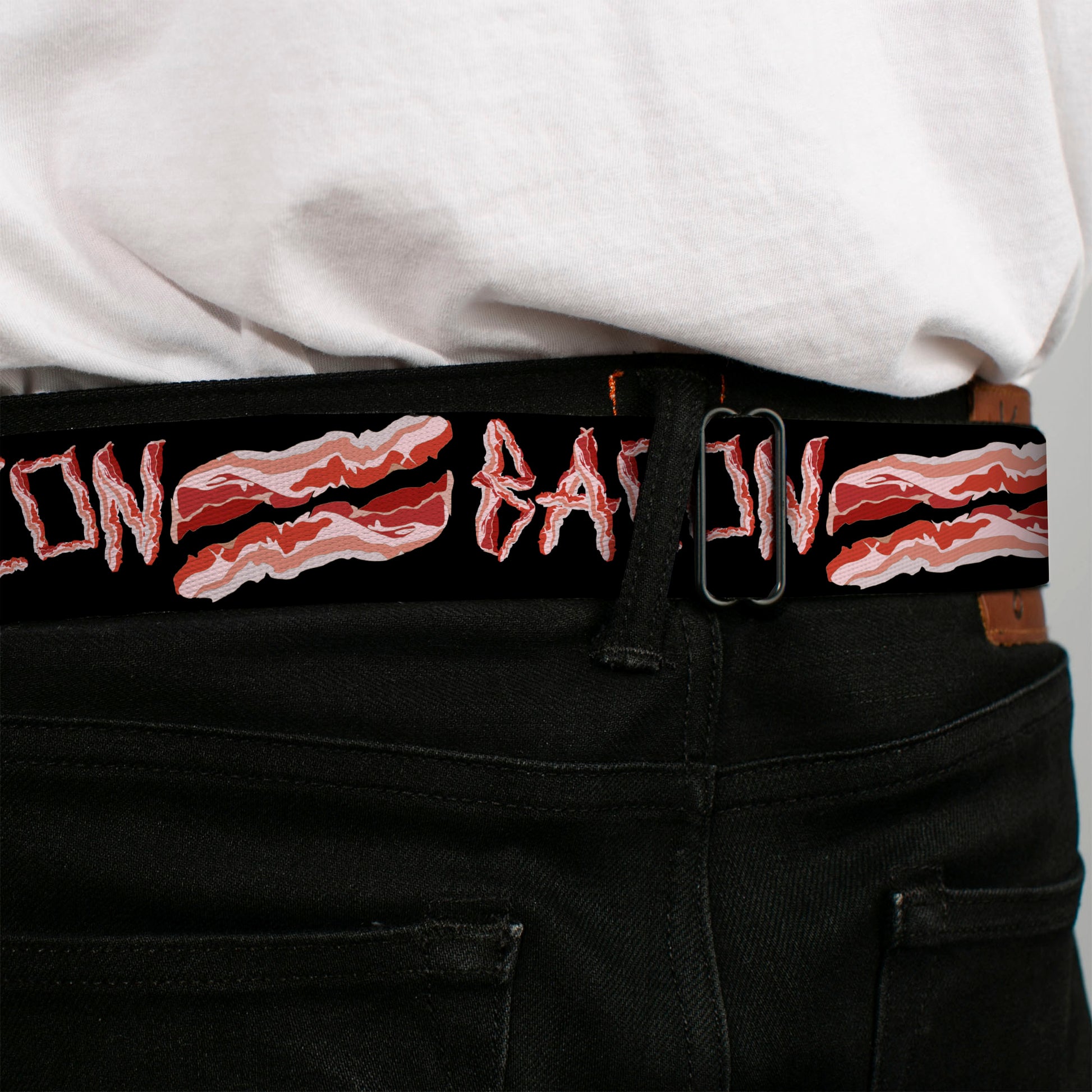 BD Wings Logo CLOSE-UP Full Color Black Silver Seatbelt Belt - Bacon w/Text2 Webbing Seatbelt Belts Buckle-Down