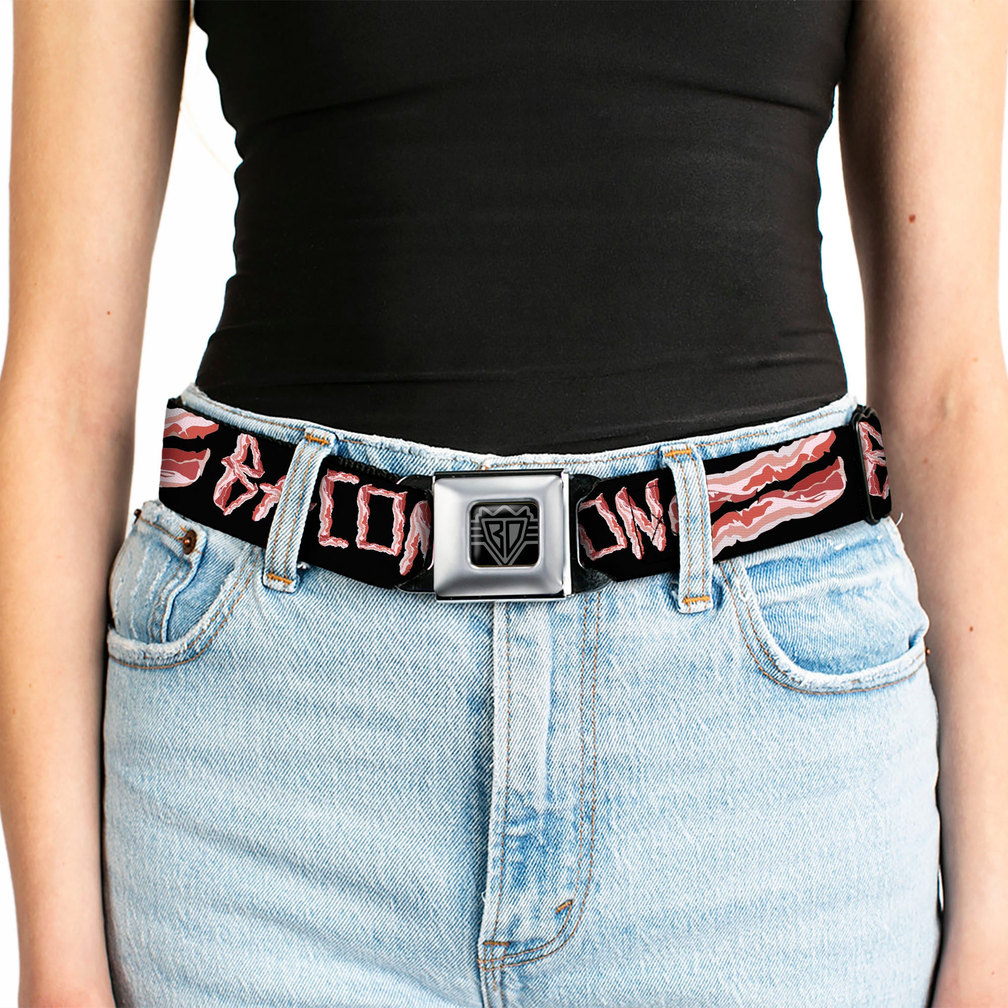 BD Wings Logo CLOSE-UP Full Color Black Silver Seatbelt Belt - Bacon w/Text2 Webbing Seatbelt Belts Buckle-Down