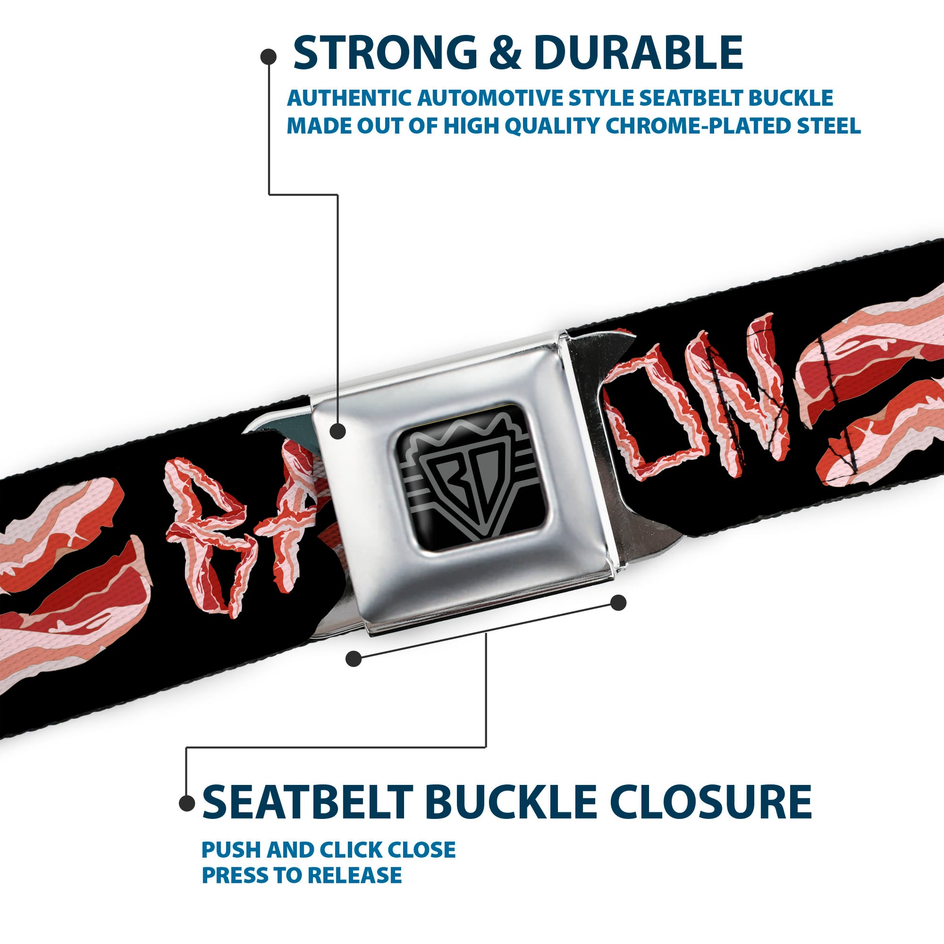 BD Wings Logo CLOSE-UP Full Color Black Silver Seatbelt Belt - Bacon w/Text2 Webbing Seatbelt Belts Buckle-Down
