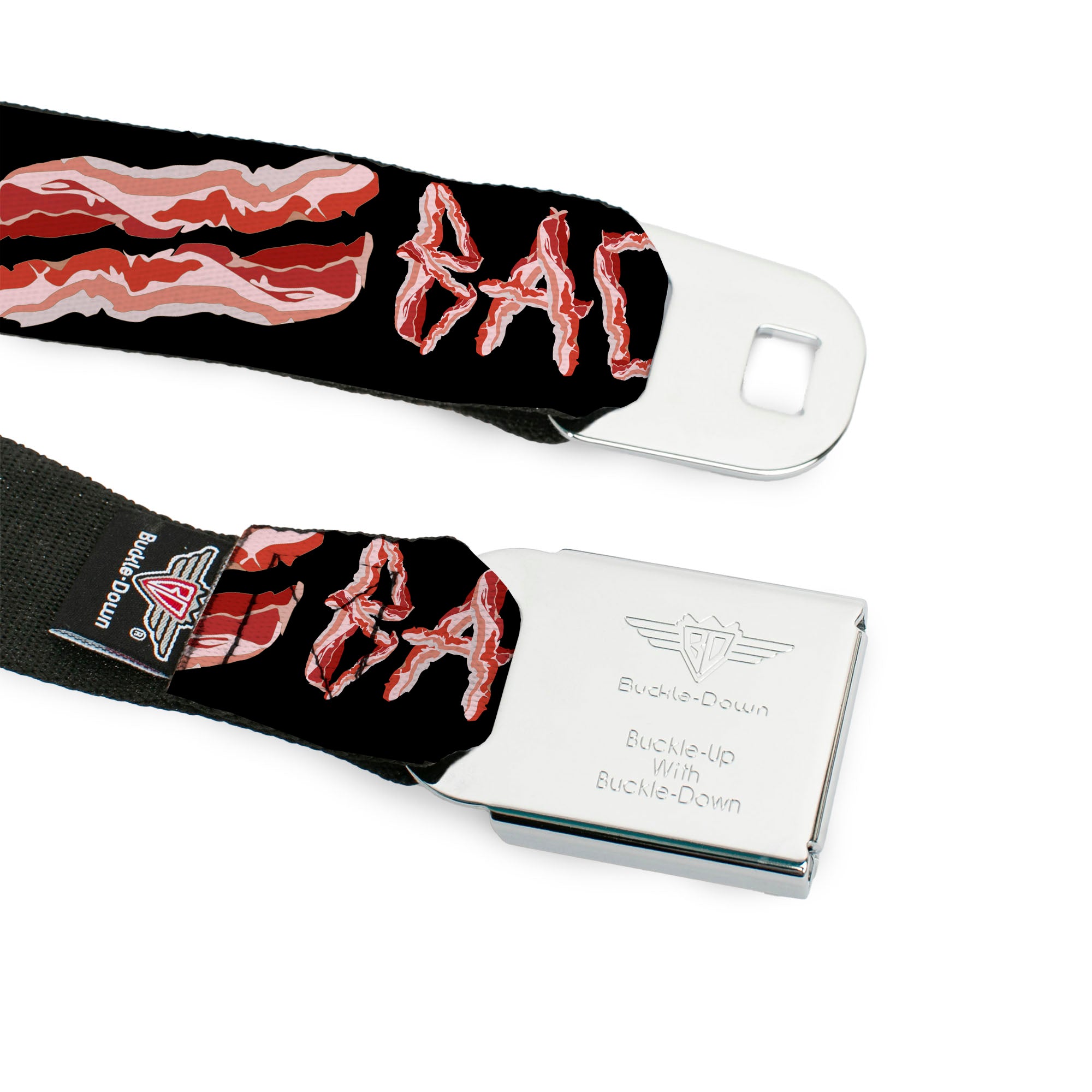 BD Wings Logo CLOSE-UP Full Color Black Silver Seatbelt Belt - Bacon w/Text2 Webbing Seatbelt Belts Buckle-Down