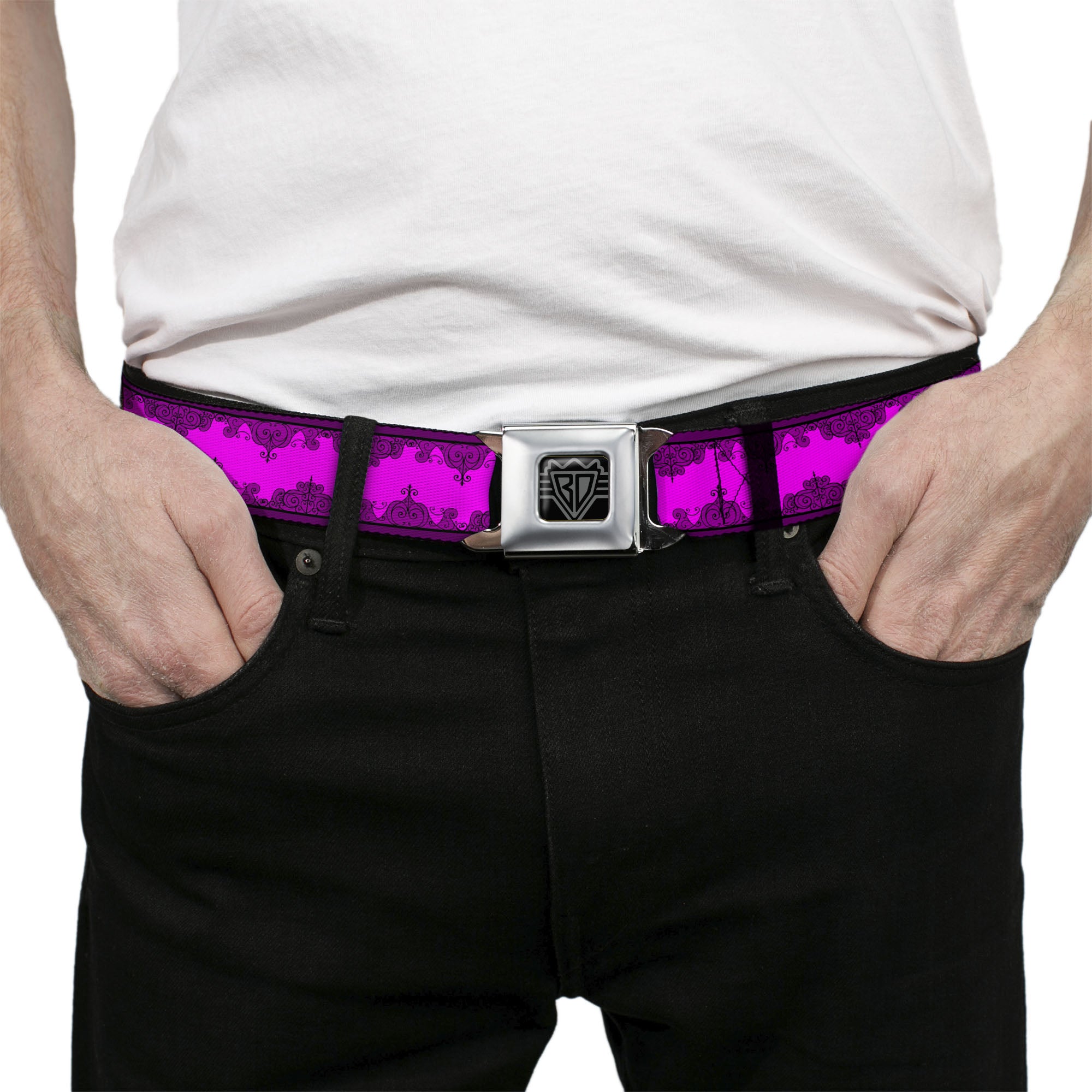 BD Wings Logo CLOSE-UP Full Color Black Silver Seatbelt Belt - Boudoir Wallpaper Fuchsia/Black Webbing Seatbelt Belts Buckle-Down
