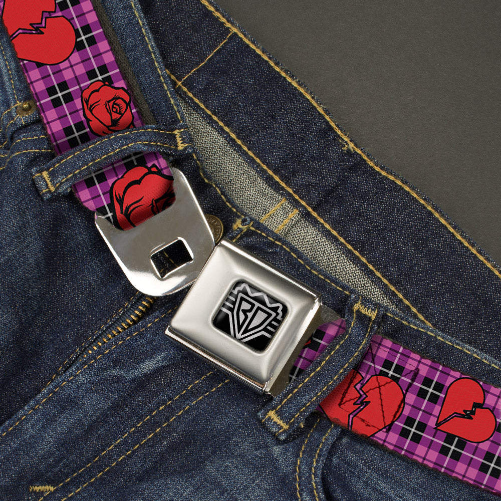 BD Wings Logo CLOSE-UP Full Color Black Silver Seatbelt Belt - Broken Hearts & Roses w/Fuchsia Plaid Webbing Seatbelt Belts Buckle-Down