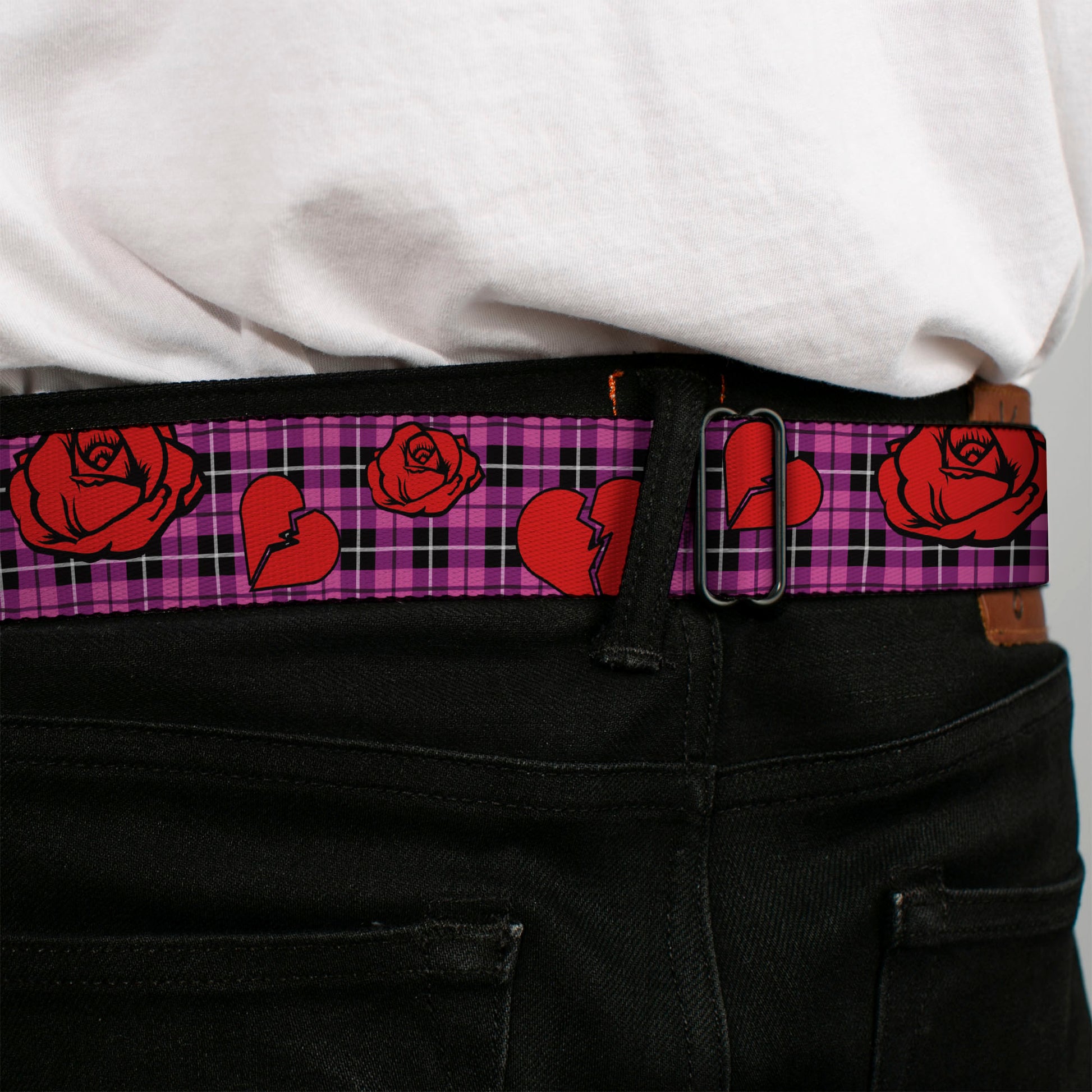 BD Wings Logo CLOSE-UP Full Color Black Silver Seatbelt Belt - Broken Hearts & Roses w/Fuchsia Plaid Webbing Seatbelt Belts Buckle-Down