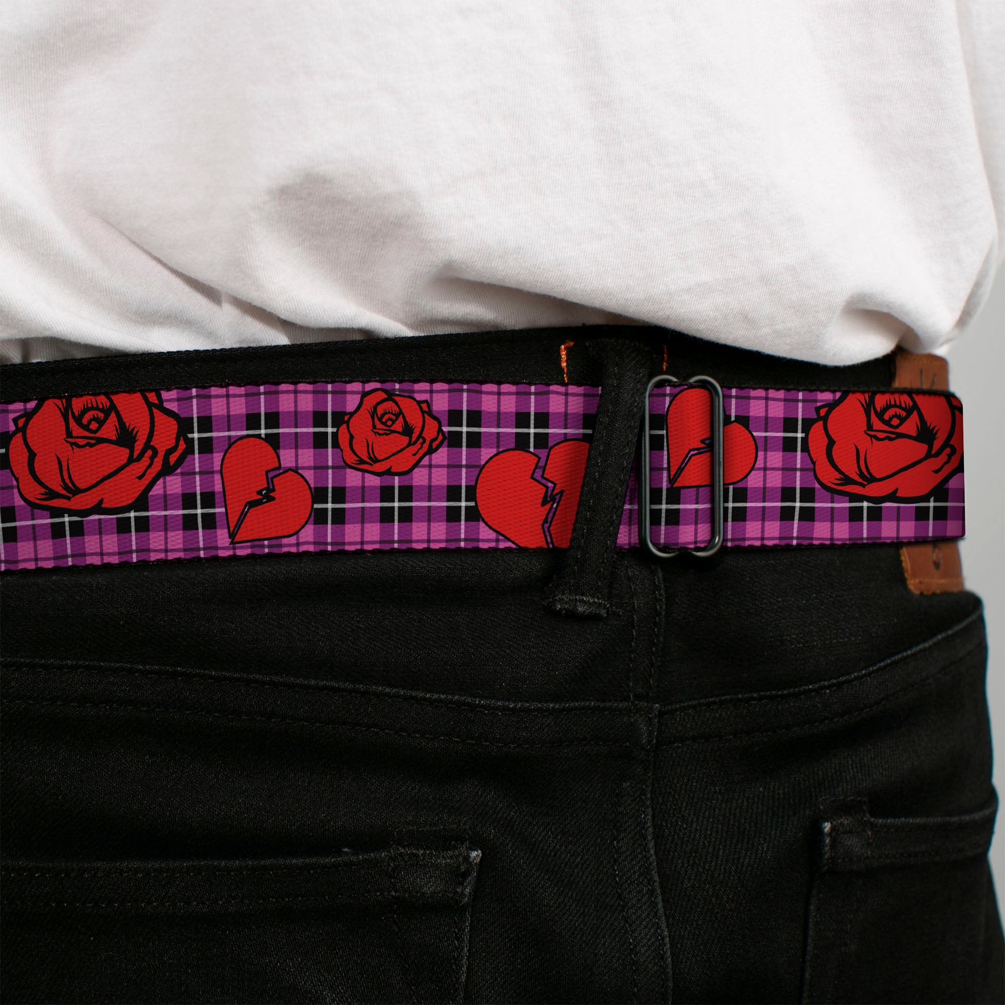 BD Wings Logo CLOSE-UP Full Color Black Silver Seatbelt Belt - Broken Hearts & Roses w/Fuchsia Plaid Webbing Seatbelt Belts Buckle-Down