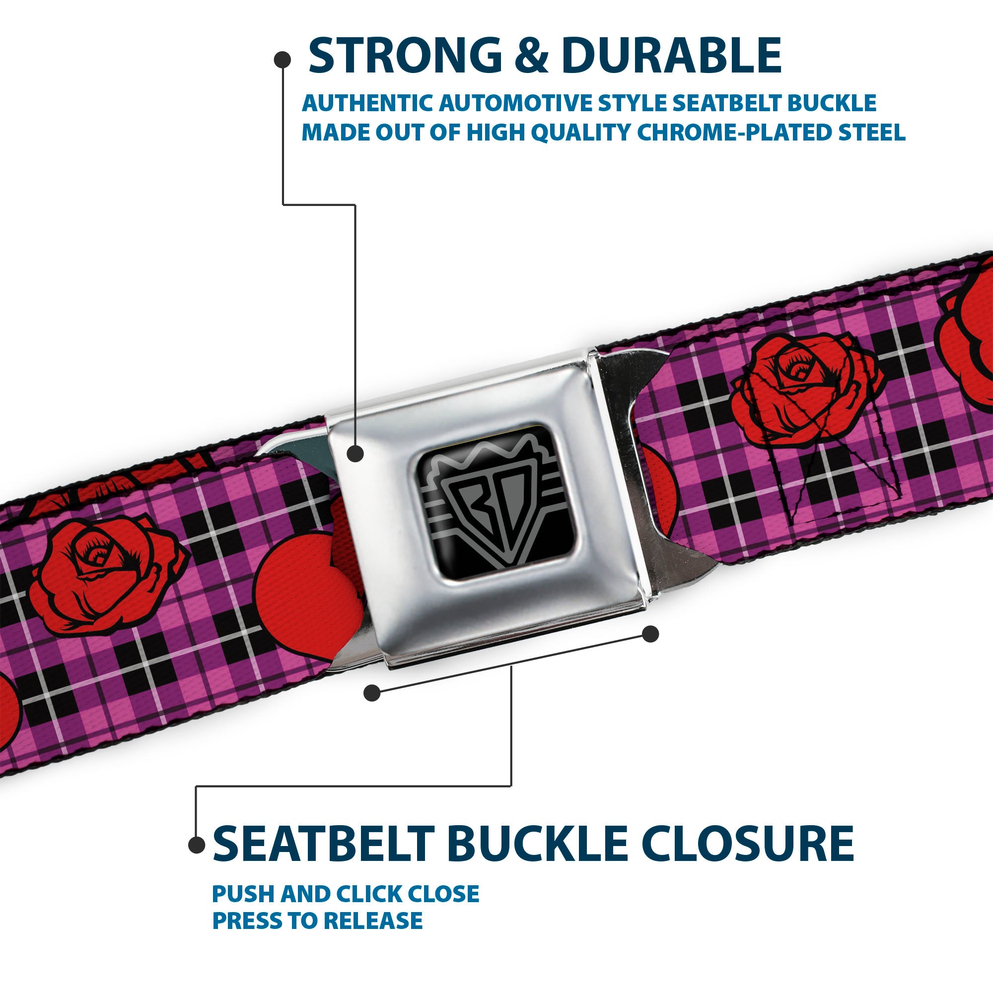 BD Wings Logo CLOSE-UP Full Color Black Silver Seatbelt Belt - Broken Hearts & Roses w/Fuchsia Plaid Webbing Seatbelt Belts Buckle-Down