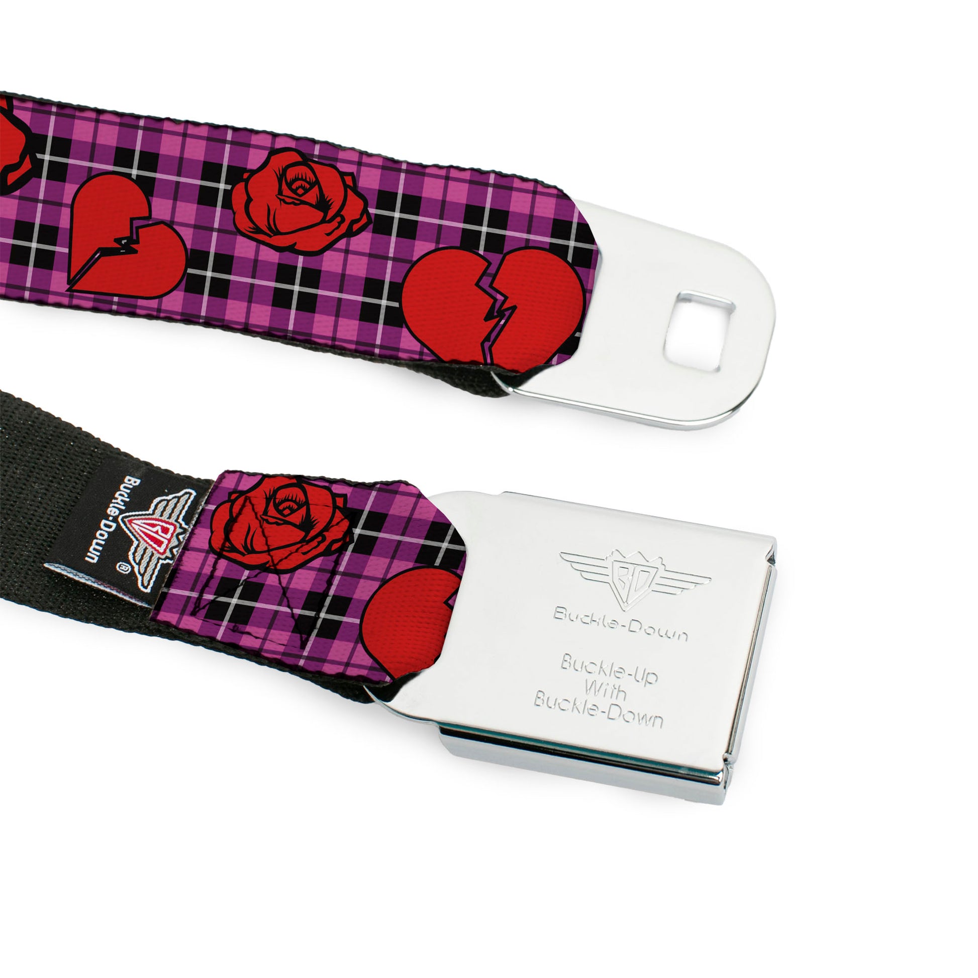 BD Wings Logo CLOSE-UP Full Color Black Silver Seatbelt Belt - Broken Hearts & Roses w/Fuchsia Plaid Webbing Seatbelt Belts Buckle-Down