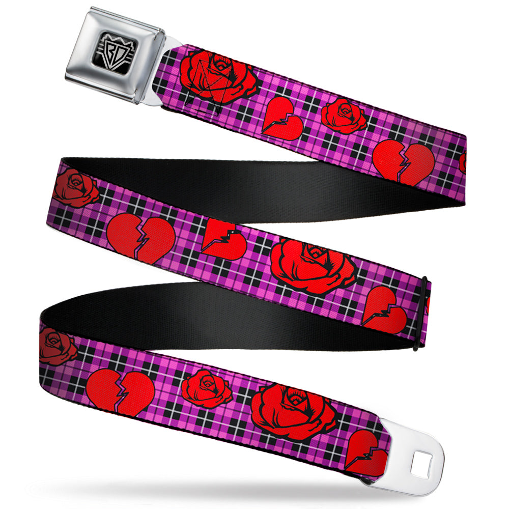 BD Wings Logo CLOSE-UP Full Color Black Silver Seatbelt Belt - Broken Hearts & Roses w/Fuchsia Plaid Webbing Seatbelt Belts Buckle-Down