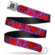 BD Wings Logo CLOSE-UP Full Color Black Silver Seatbelt Belt - Broken Hearts & Roses w/Fuchsia Plaid Webbing Seatbelt Belts Buckle-Down
