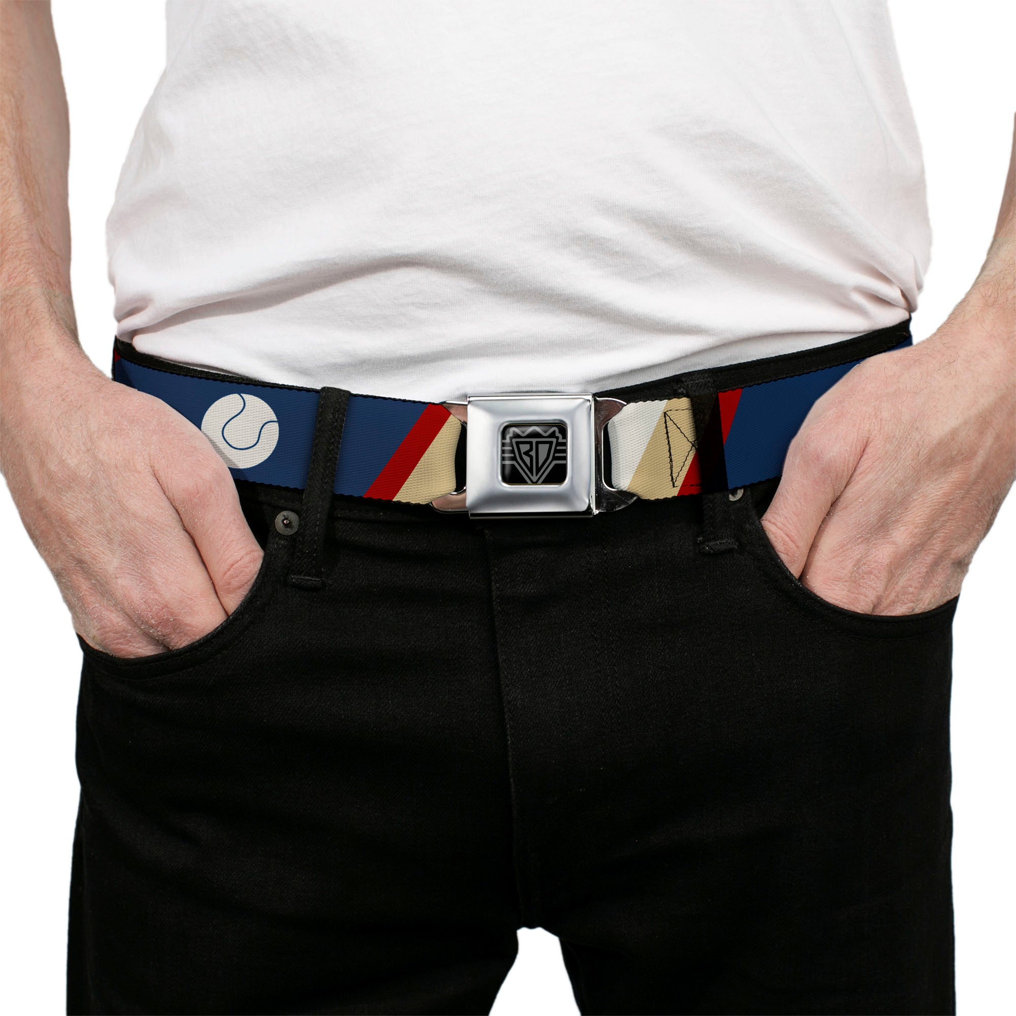 BD Wings Logo CLOSE-UP Full Color Black Silver Seatbelt Belt - Ball/Stripes Tan/Blue/Burgundy Webbing Seatbelt Belts Buckle-Down