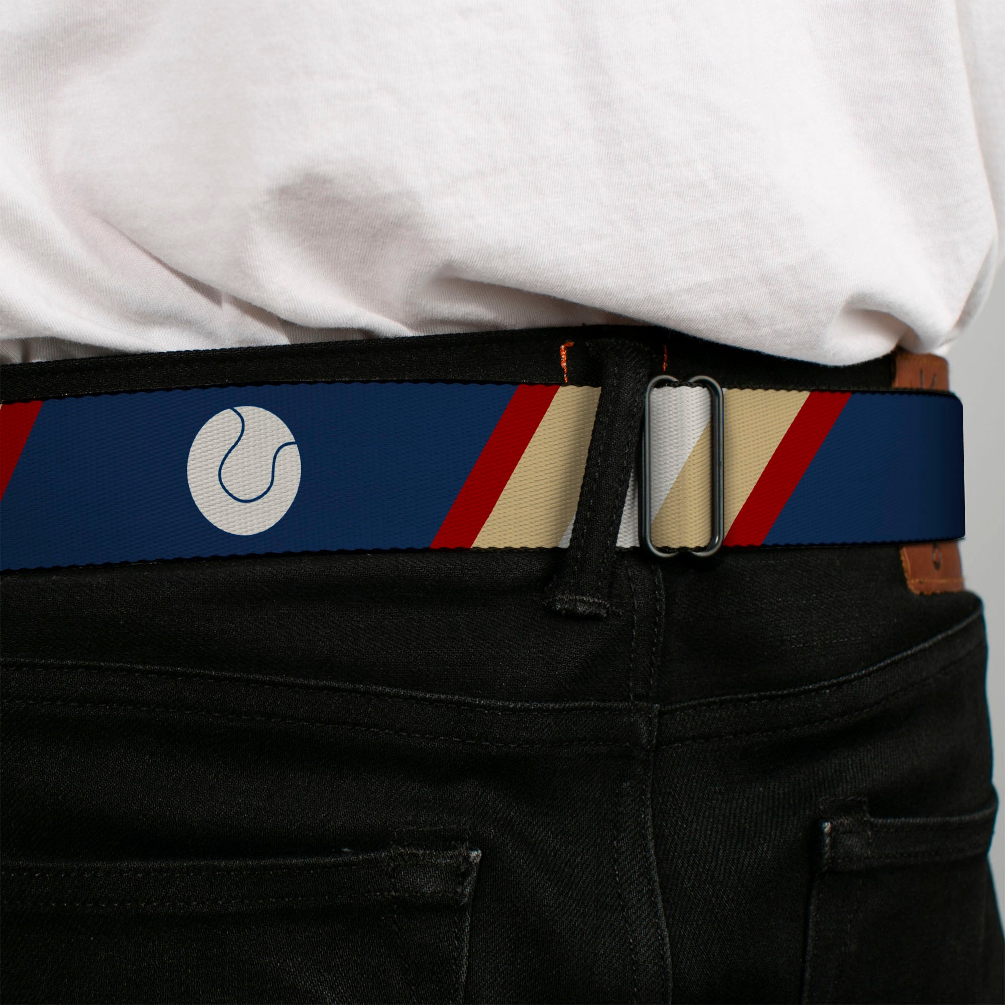 BD Wings Logo CLOSE-UP Full Color Black Silver Seatbelt Belt - Ball/Stripes Tan/Blue/Burgundy Webbing Seatbelt Belts Buckle-Down