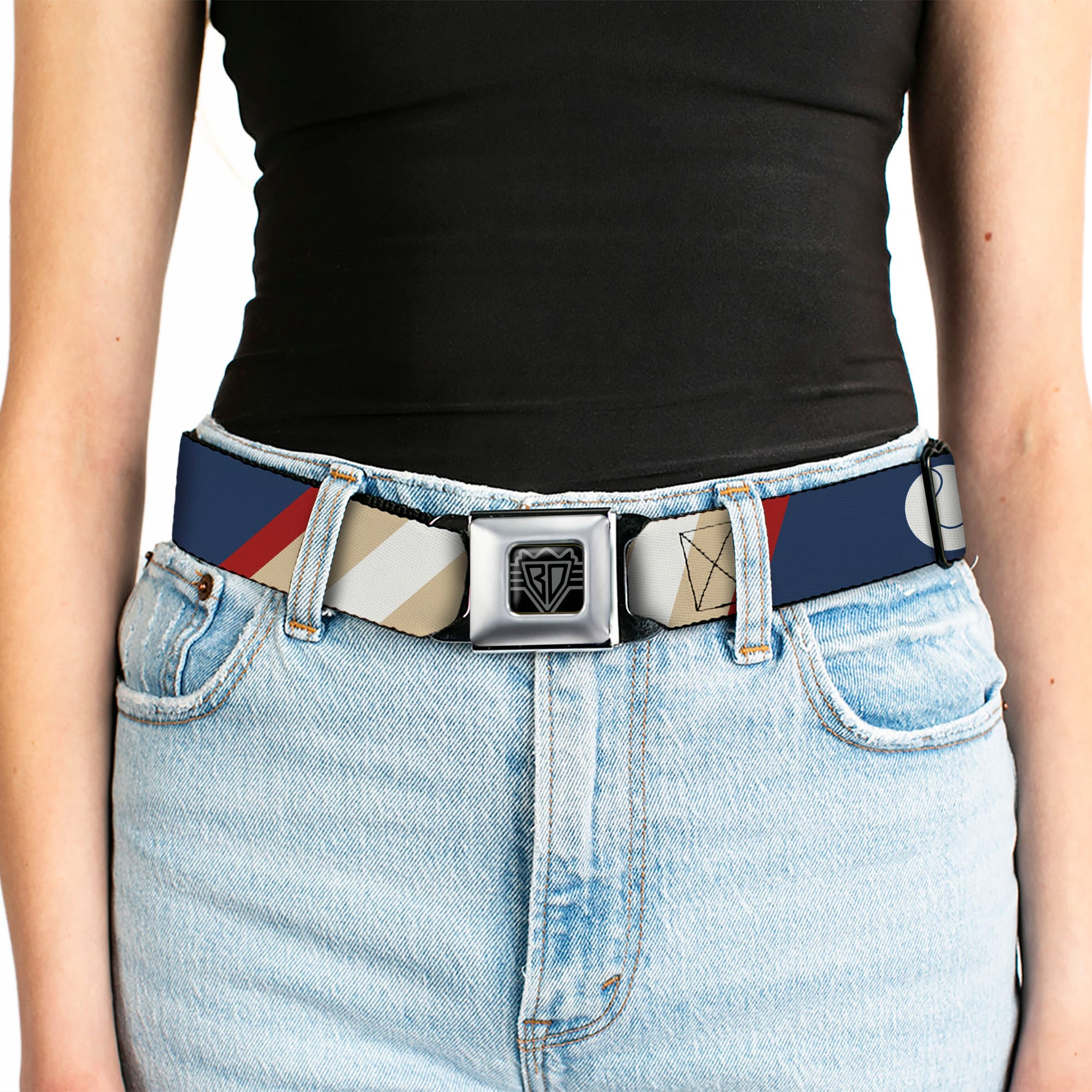 BD Wings Logo CLOSE-UP Full Color Black Silver Seatbelt Belt - Ball/Stripes Tan/Blue/Burgundy Webbing Seatbelt Belts Buckle-Down