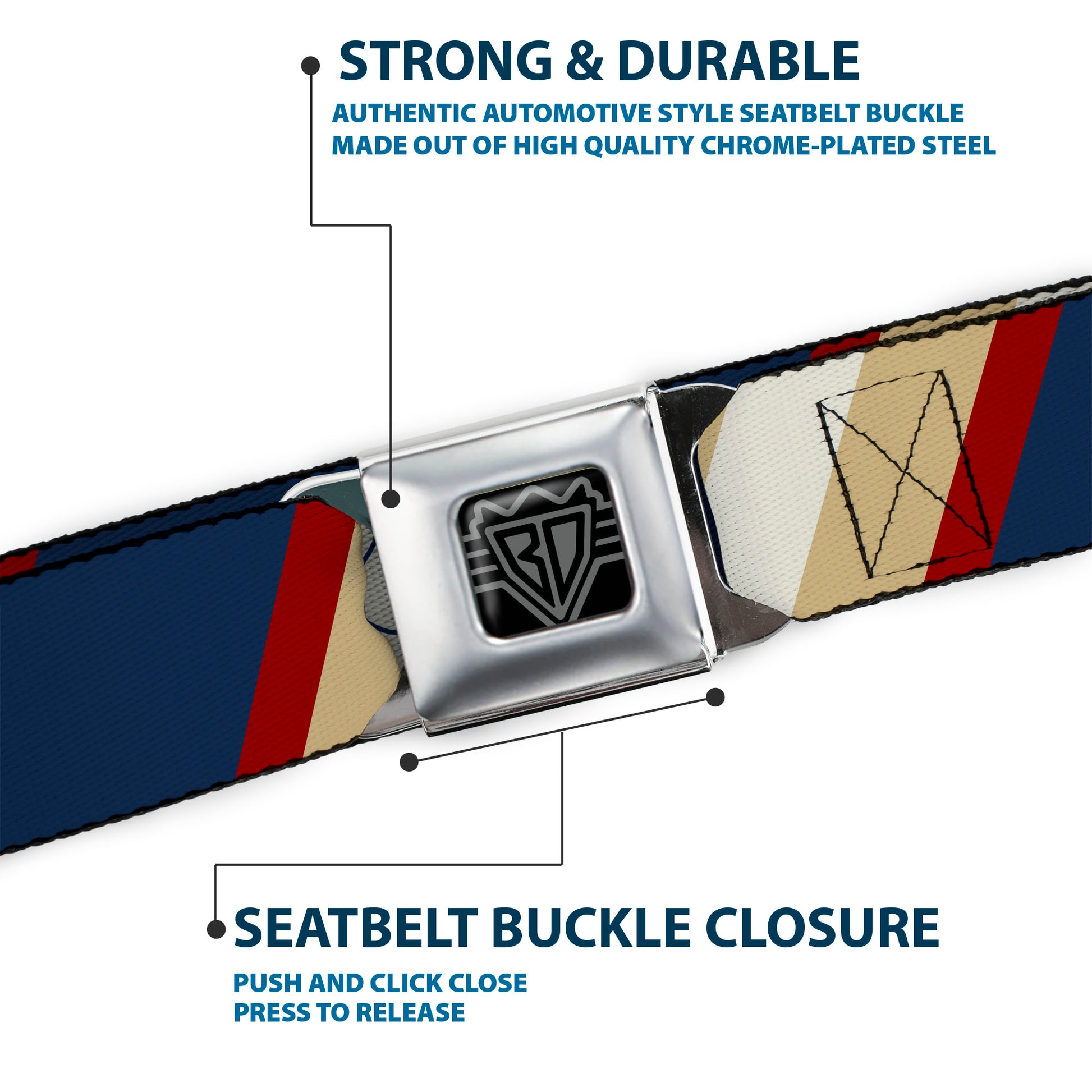 BD Wings Logo CLOSE-UP Full Color Black Silver Seatbelt Belt - Ball/Stripes Tan/Blue/Burgundy Webbing Seatbelt Belts Buckle-Down