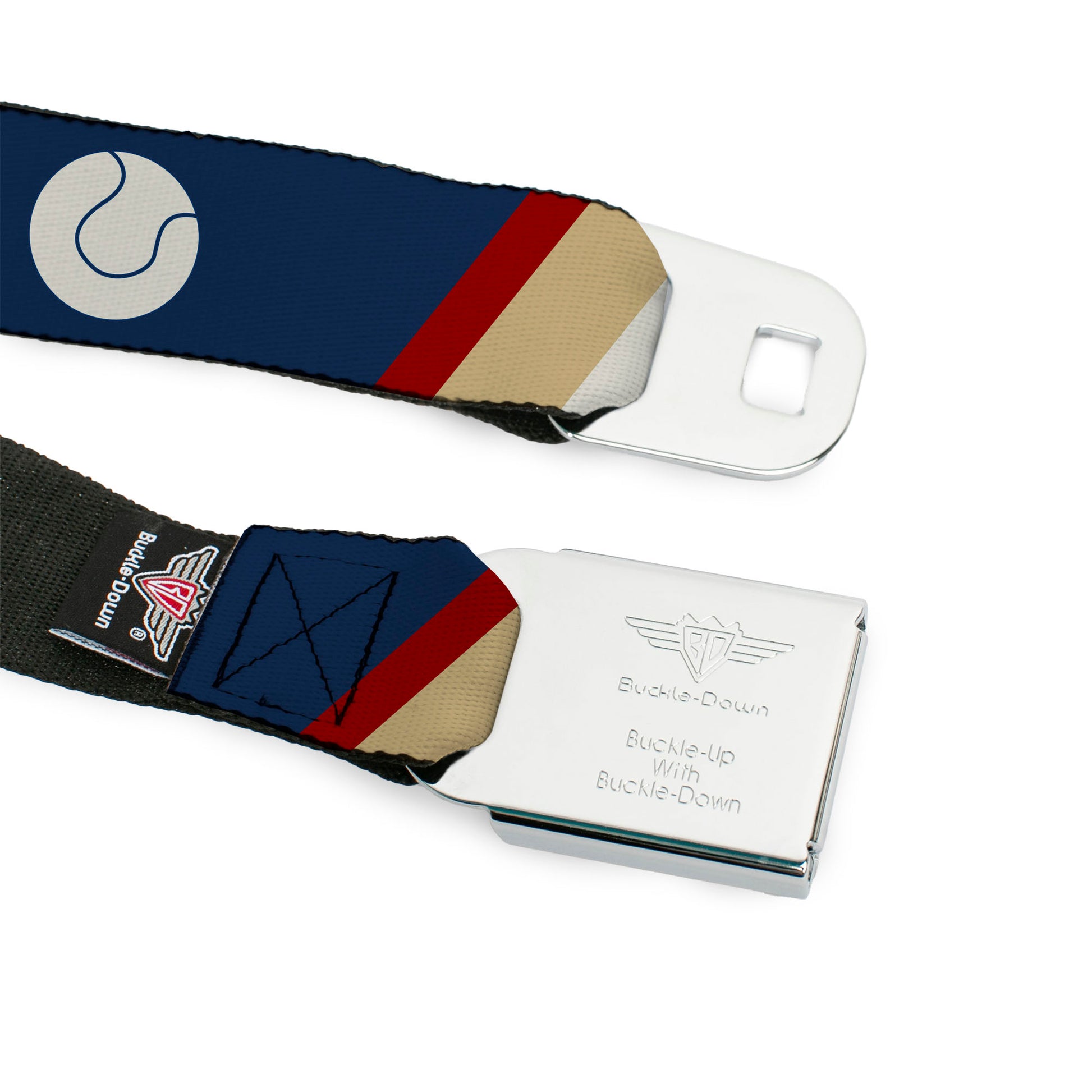 BD Wings Logo CLOSE-UP Full Color Black Silver Seatbelt Belt - Ball/Stripes Tan/Blue/Burgundy Webbing Seatbelt Belts Buckle-Down