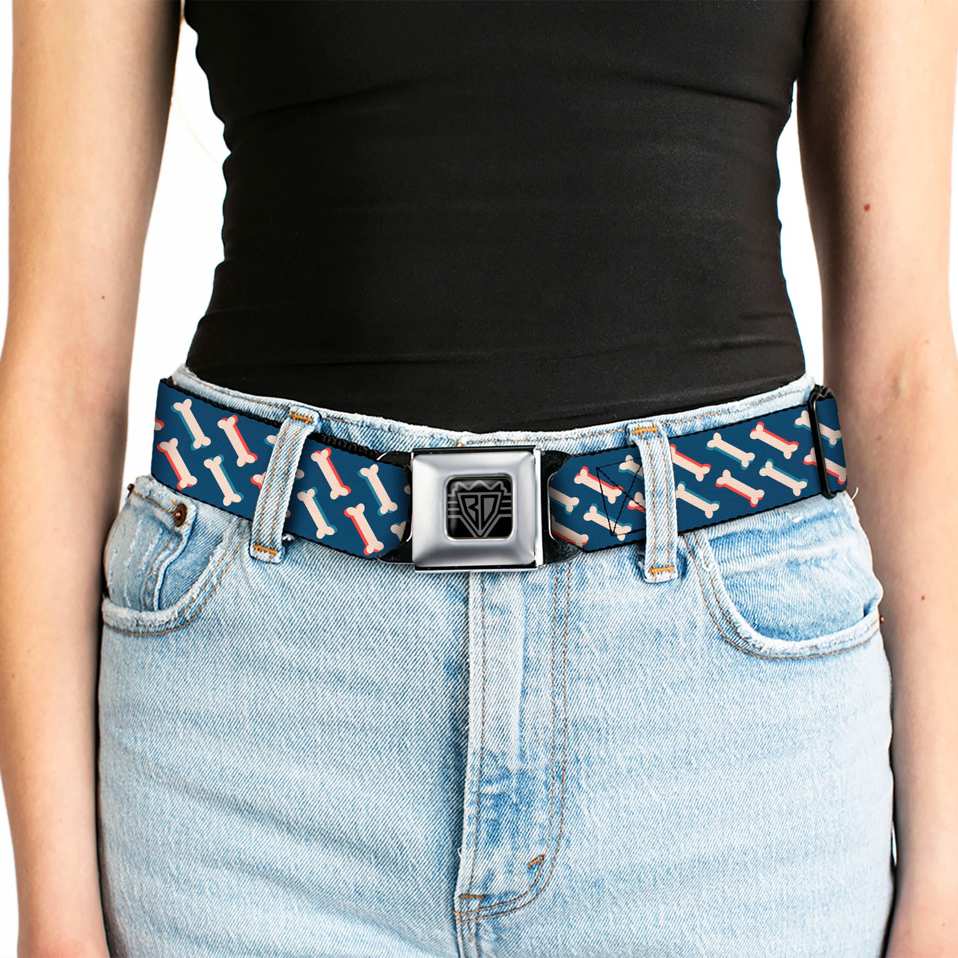 BD Wings Logo CLOSE-UP Full Color Black Silver Seatbelt Belt - Bones Blue/Tan/Red Webbing Seatbelt Belts Buckle-Down