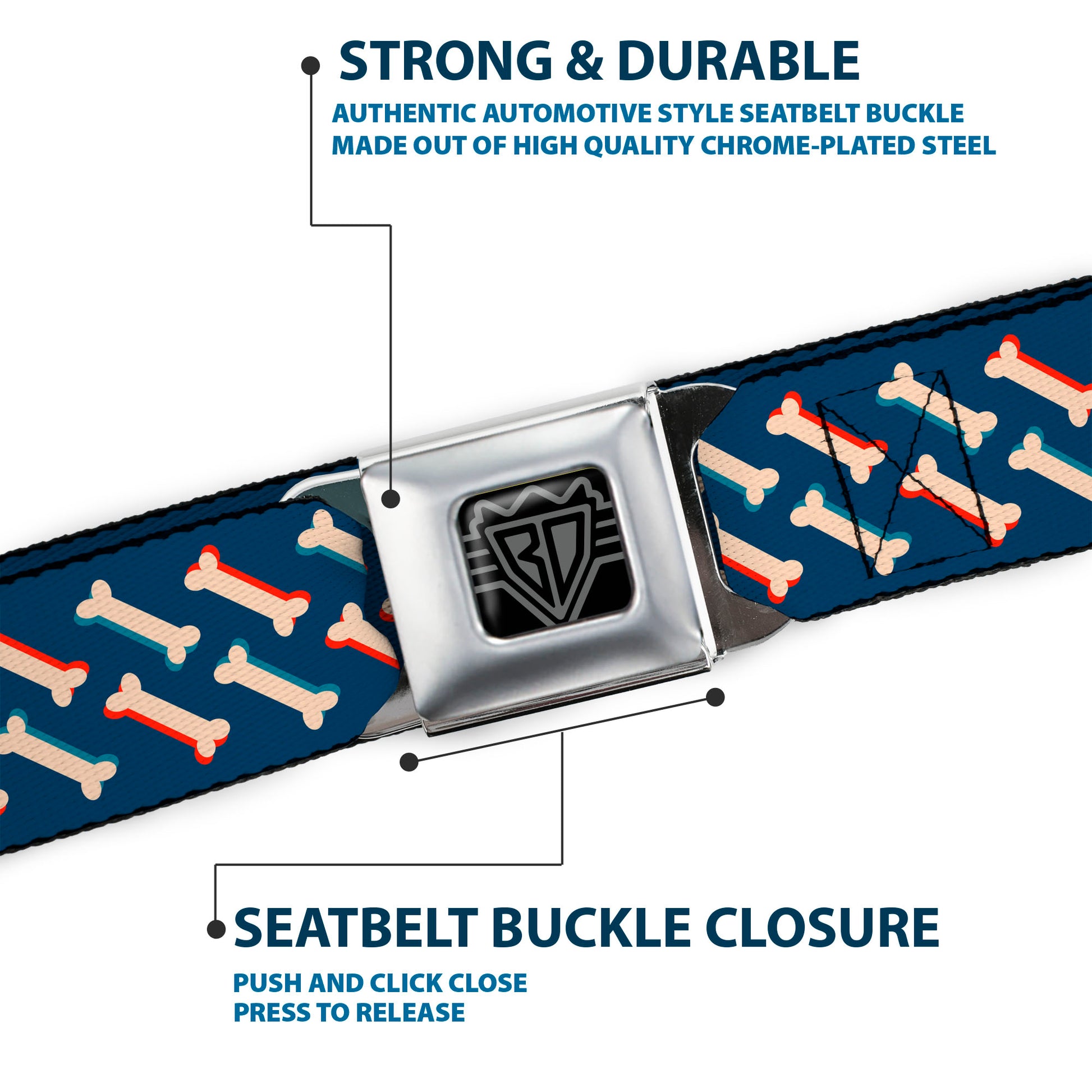 BD Wings Logo CLOSE-UP Full Color Black Silver Seatbelt Belt - Bones Blue/Tan/Red Webbing Seatbelt Belts Buckle-Down