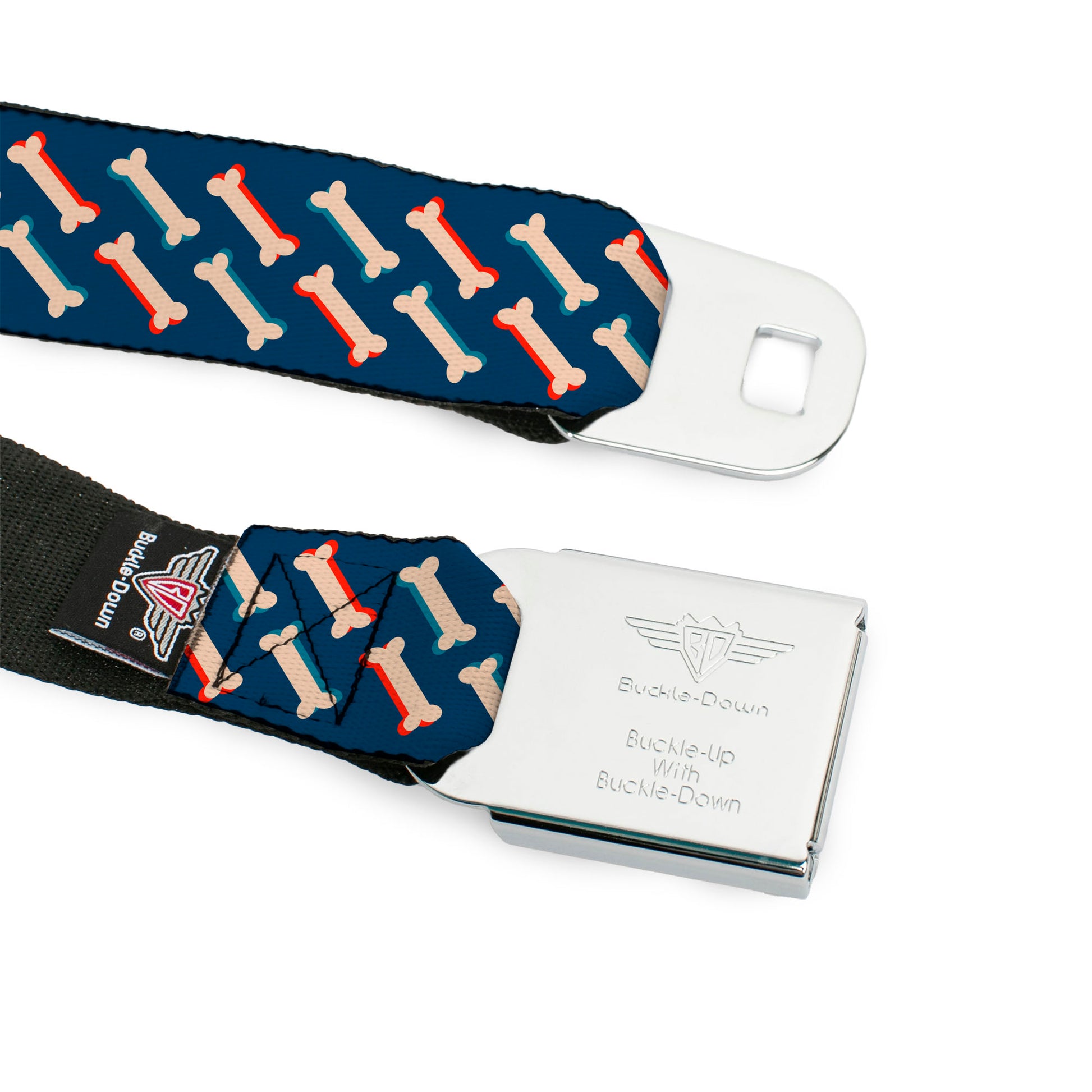 BD Wings Logo CLOSE-UP Full Color Black Silver Seatbelt Belt - Bones Blue/Tan/Red Webbing Seatbelt Belts Buckle-Down