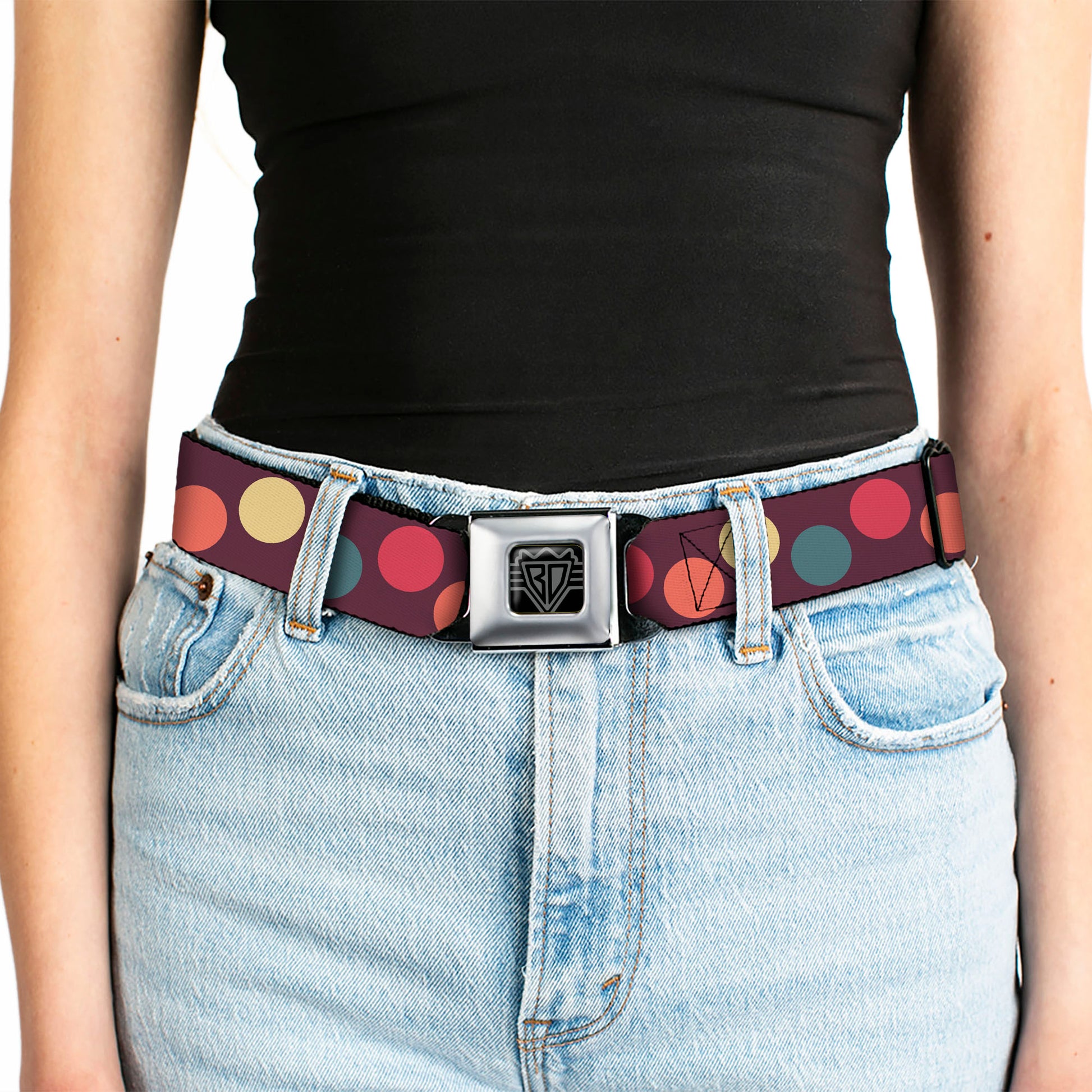 BD Wings Logo CLOSE-UP Full Color Black Silver Seatbelt Belt - Big Dots Purple/Multi Pastel Webbing Seatbelt Belts Buckle-Down