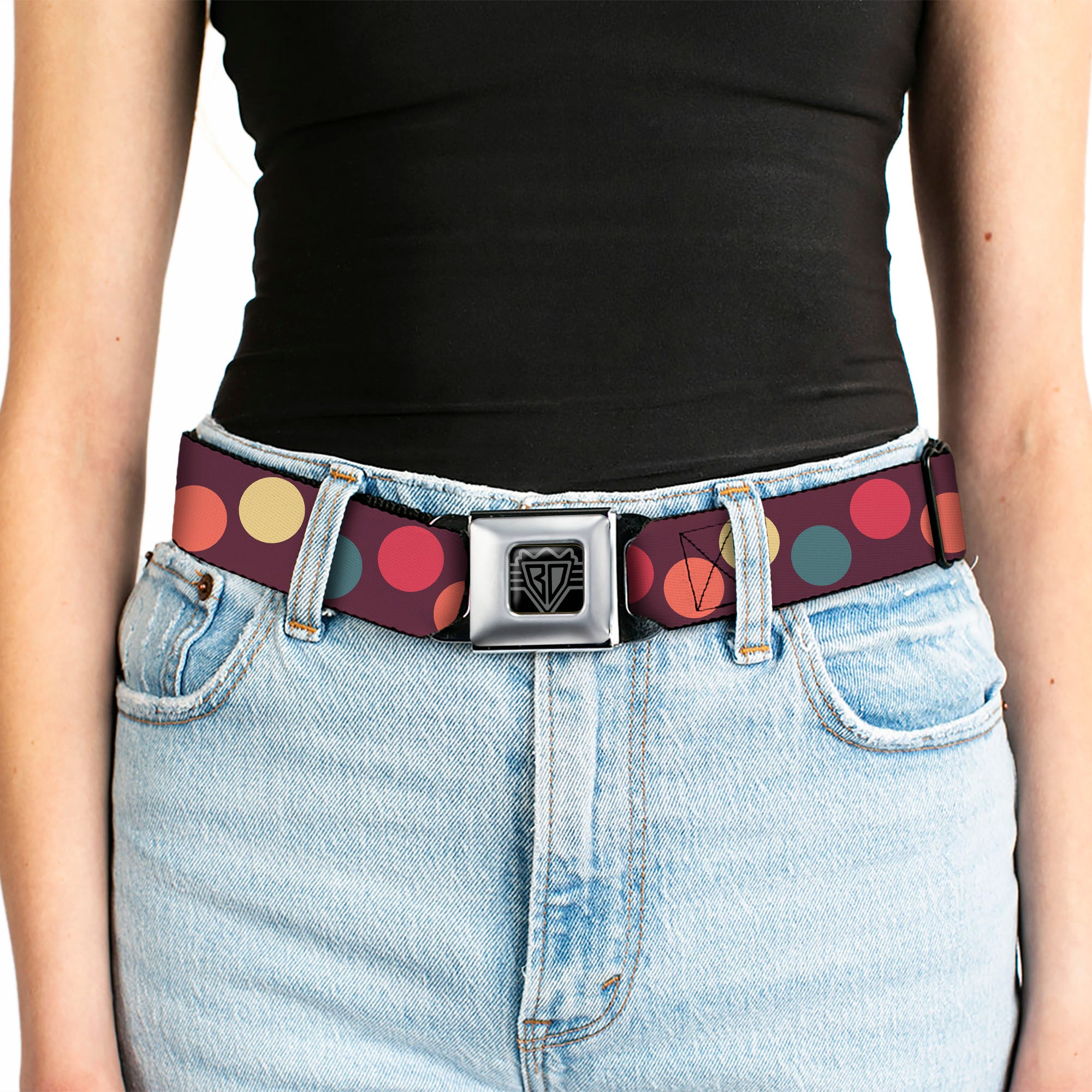 BD Wings Logo CLOSE-UP Full Color Black Silver Seatbelt Belt - Big Dots Purple/Multi Pastel Webbing Seatbelt Belts Buckle-Down