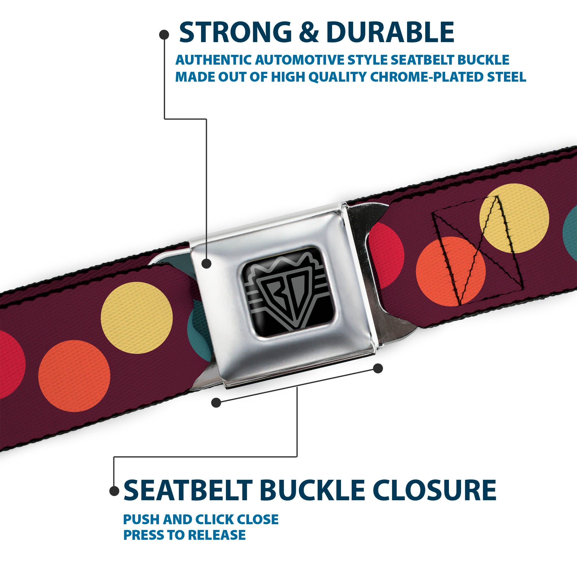 BD Wings Logo CLOSE-UP Full Color Black Silver Seatbelt Belt - Big Dots Purple/Multi Pastel Webbing Seatbelt Belts Buckle-Down
