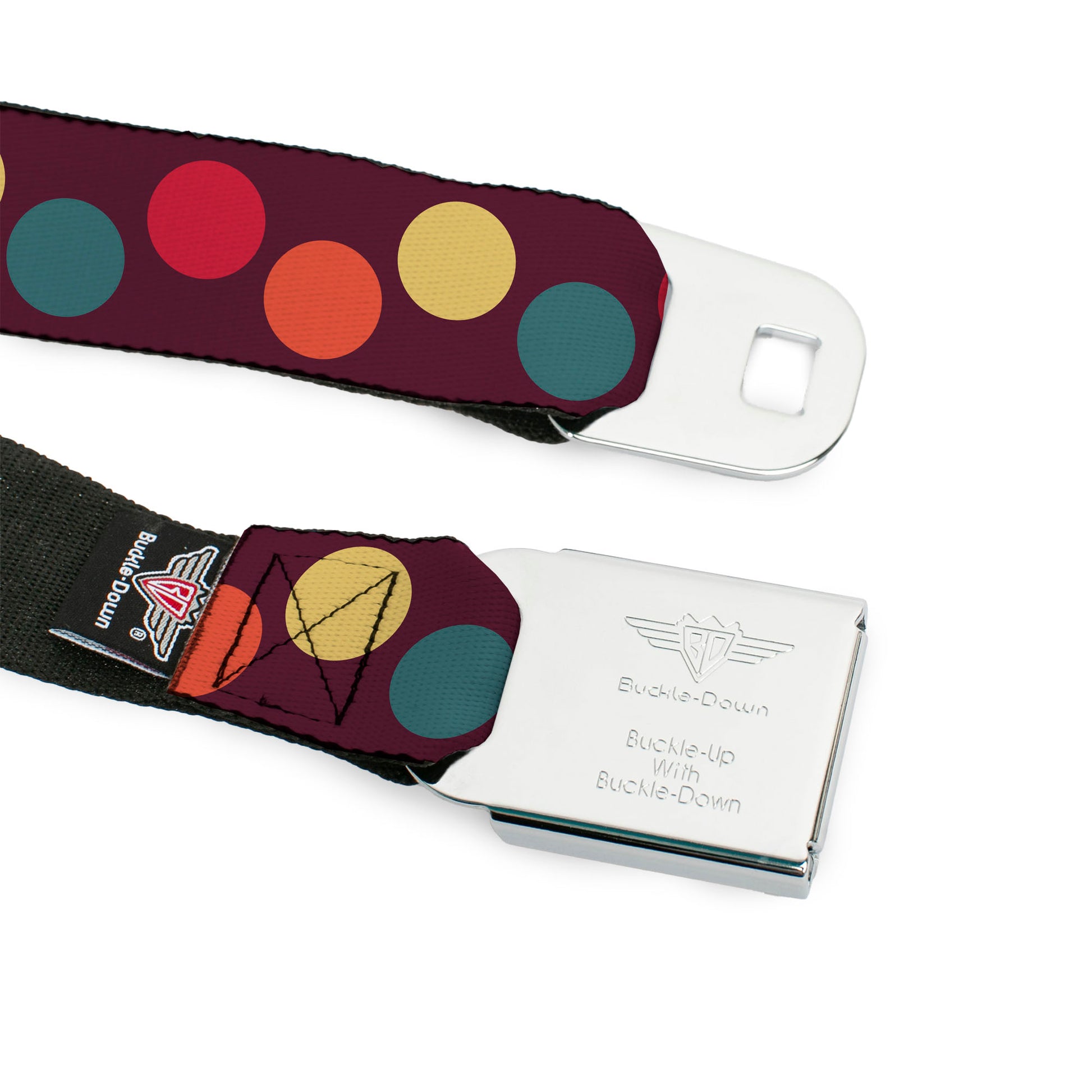 BD Wings Logo CLOSE-UP Full Color Black Silver Seatbelt Belt - Big Dots Purple/Multi Pastel Webbing Seatbelt Belts Buckle-Down