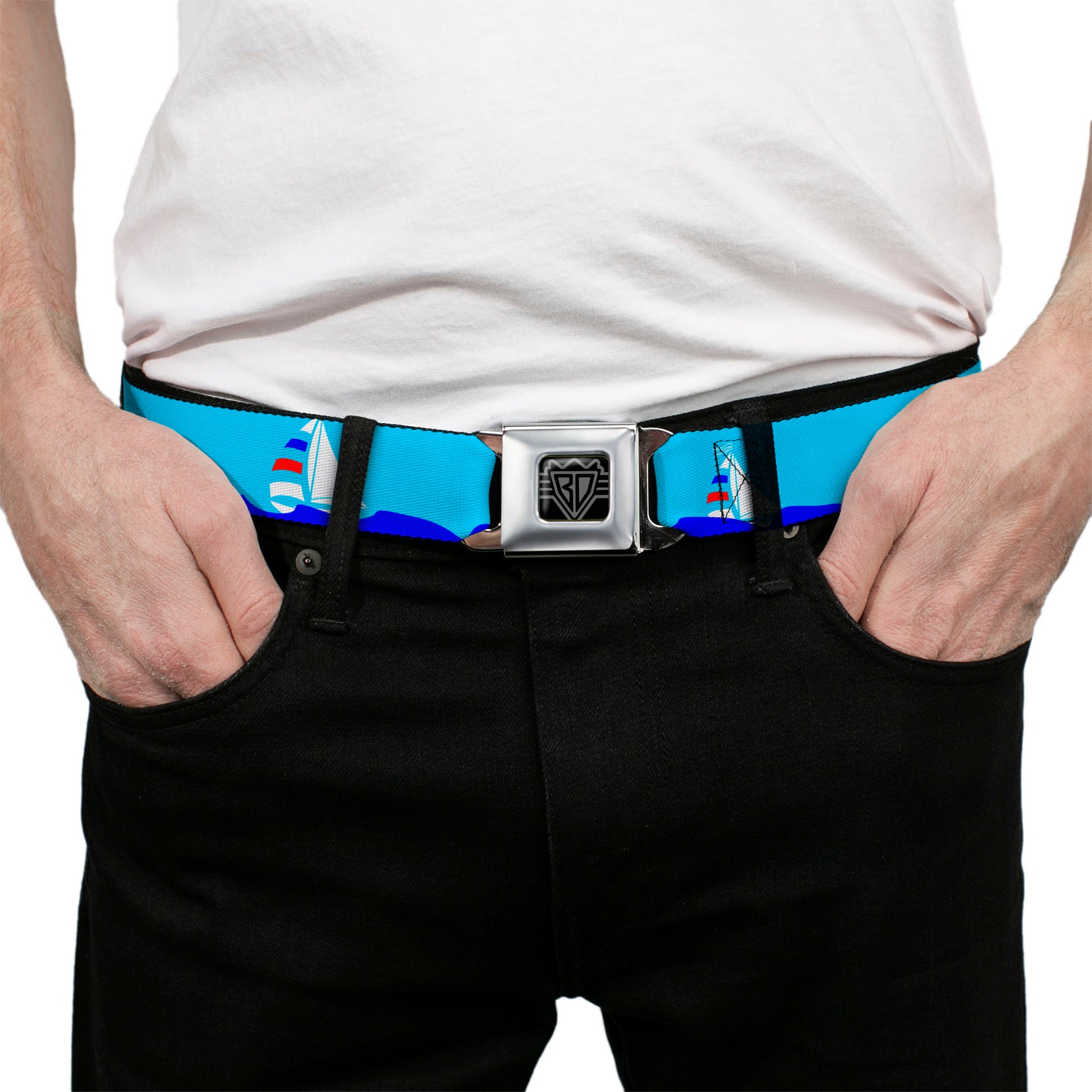 BD Wings Logo CLOSE-UP Full Color Black Silver Seatbelt Belt - Boats on the Water Webbing Seatbelt Belts Buckle-Down