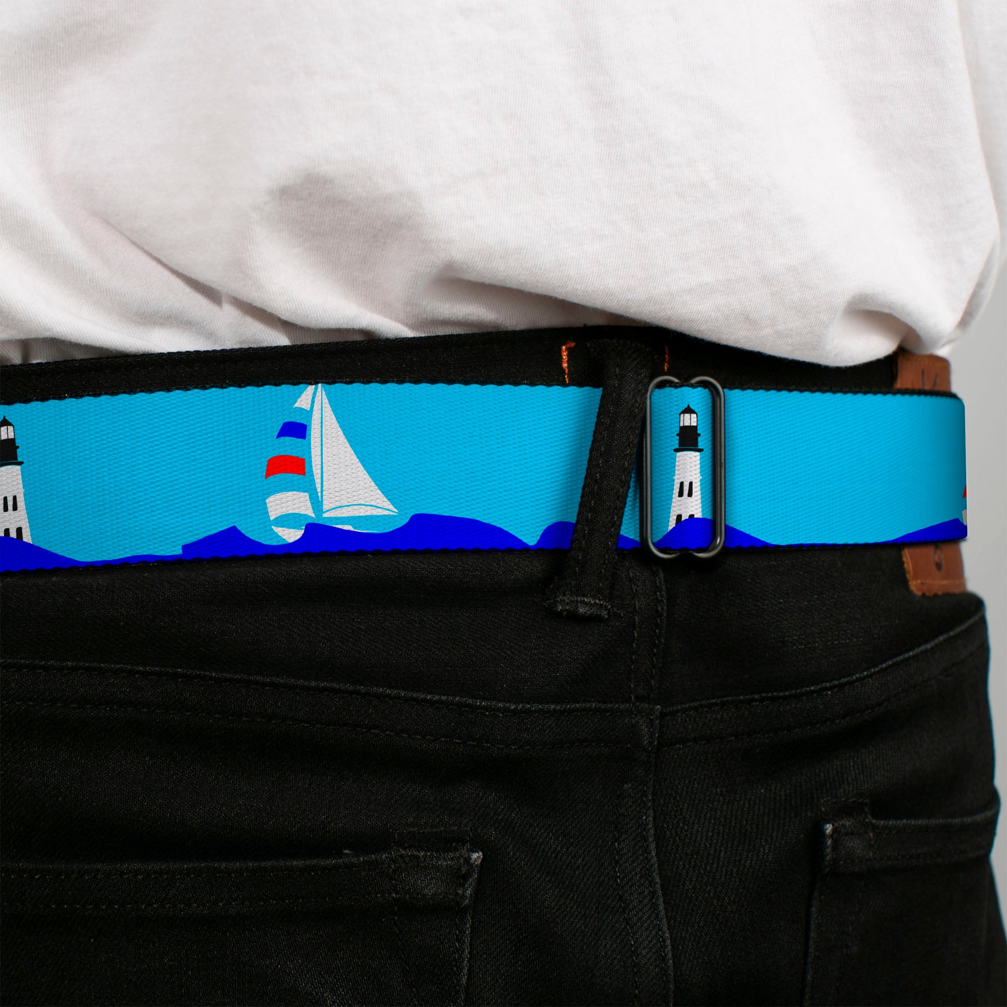 BD Wings Logo CLOSE-UP Full Color Black Silver Seatbelt Belt - Boats on the Water Webbing Seatbelt Belts Buckle-Down