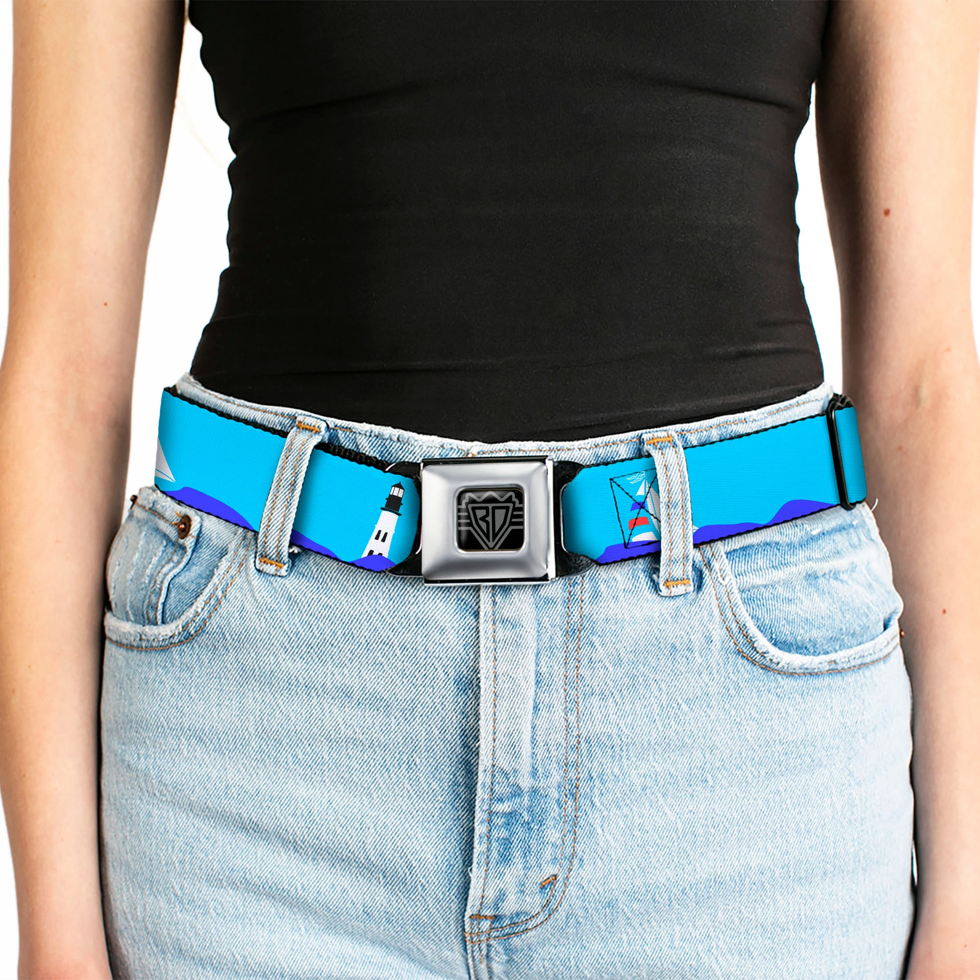 BD Wings Logo CLOSE-UP Full Color Black Silver Seatbelt Belt - Boats on the Water Webbing Seatbelt Belts Buckle-Down