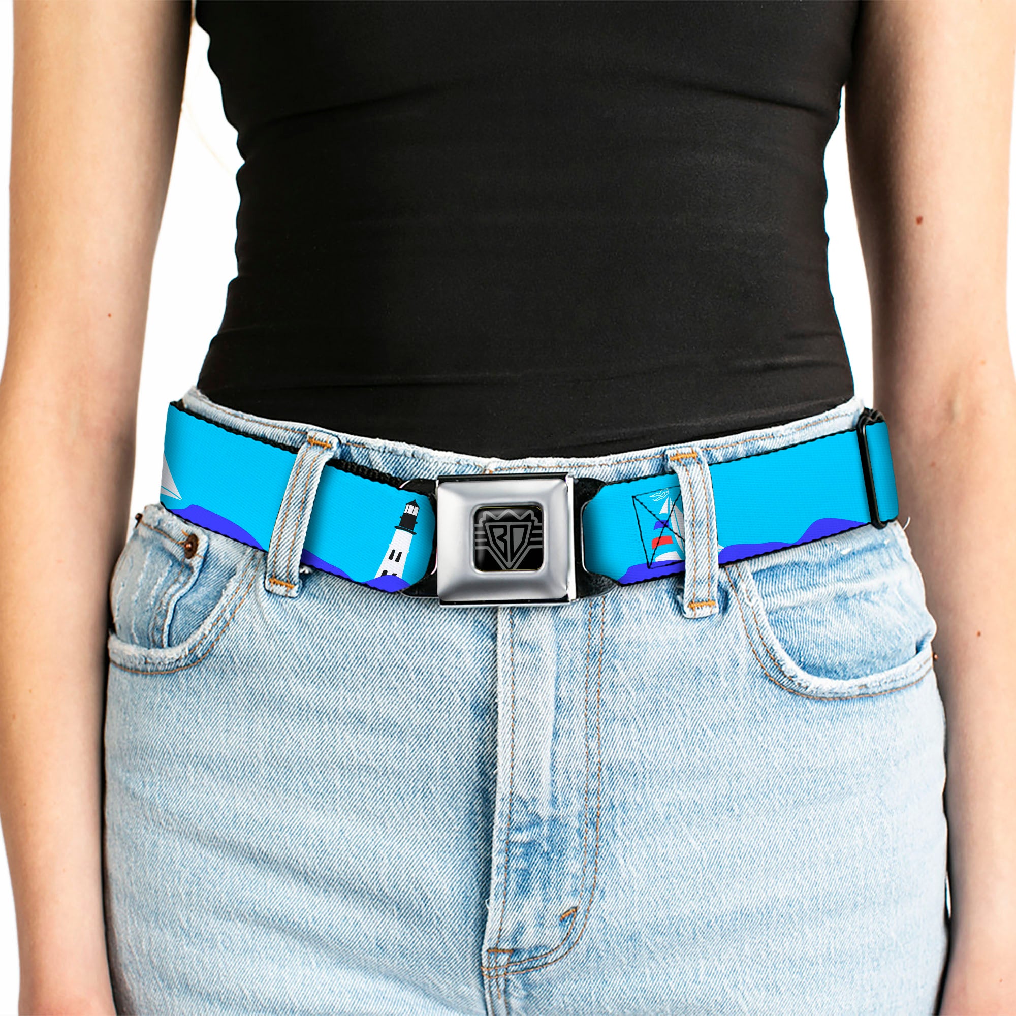 BD Wings Logo CLOSE-UP Full Color Black Silver Seatbelt Belt - Boats on the Water Webbing Seatbelt Belts Buckle-Down