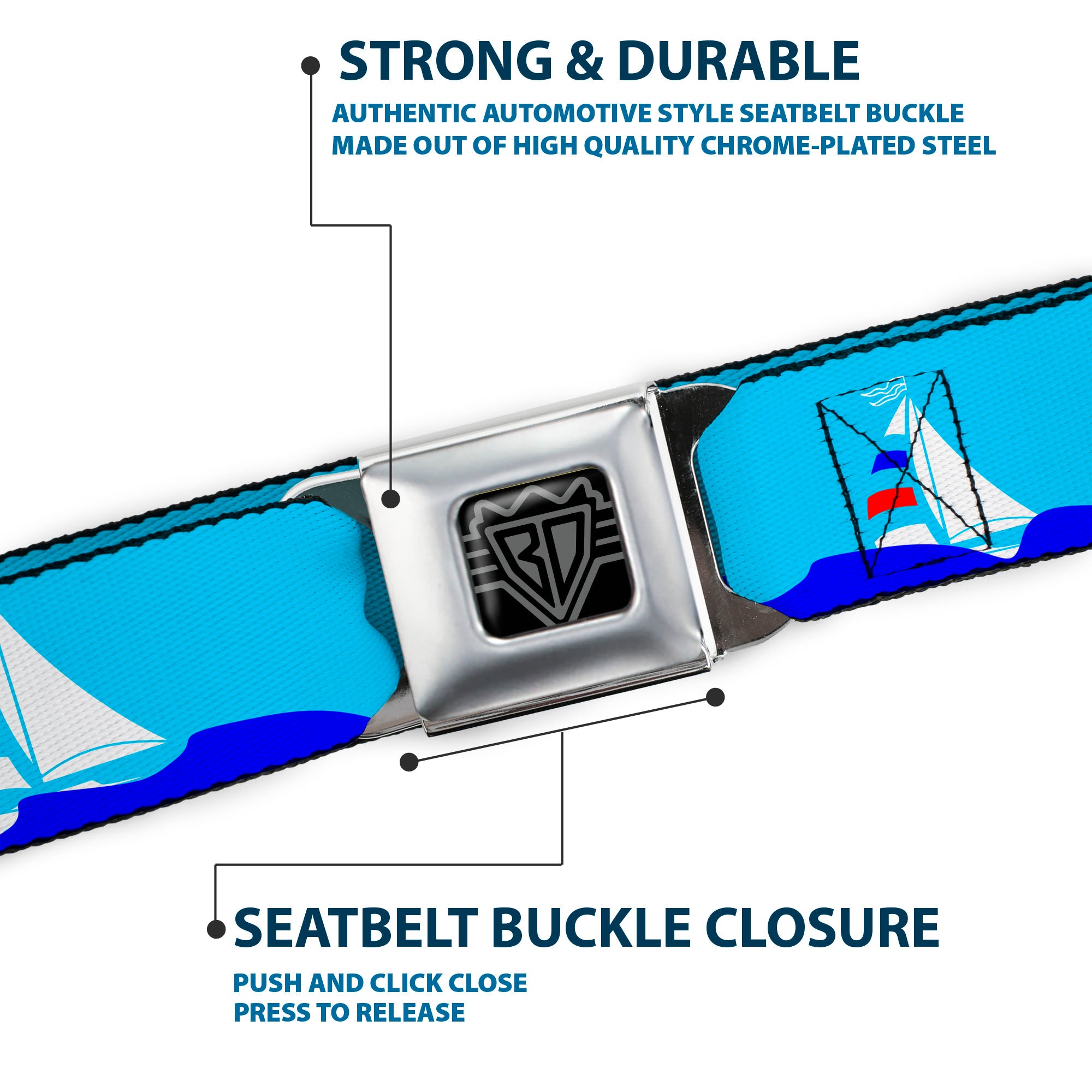 BD Wings Logo CLOSE-UP Full Color Black Silver Seatbelt Belt - Boats on the Water Webbing Seatbelt Belts Buckle-Down