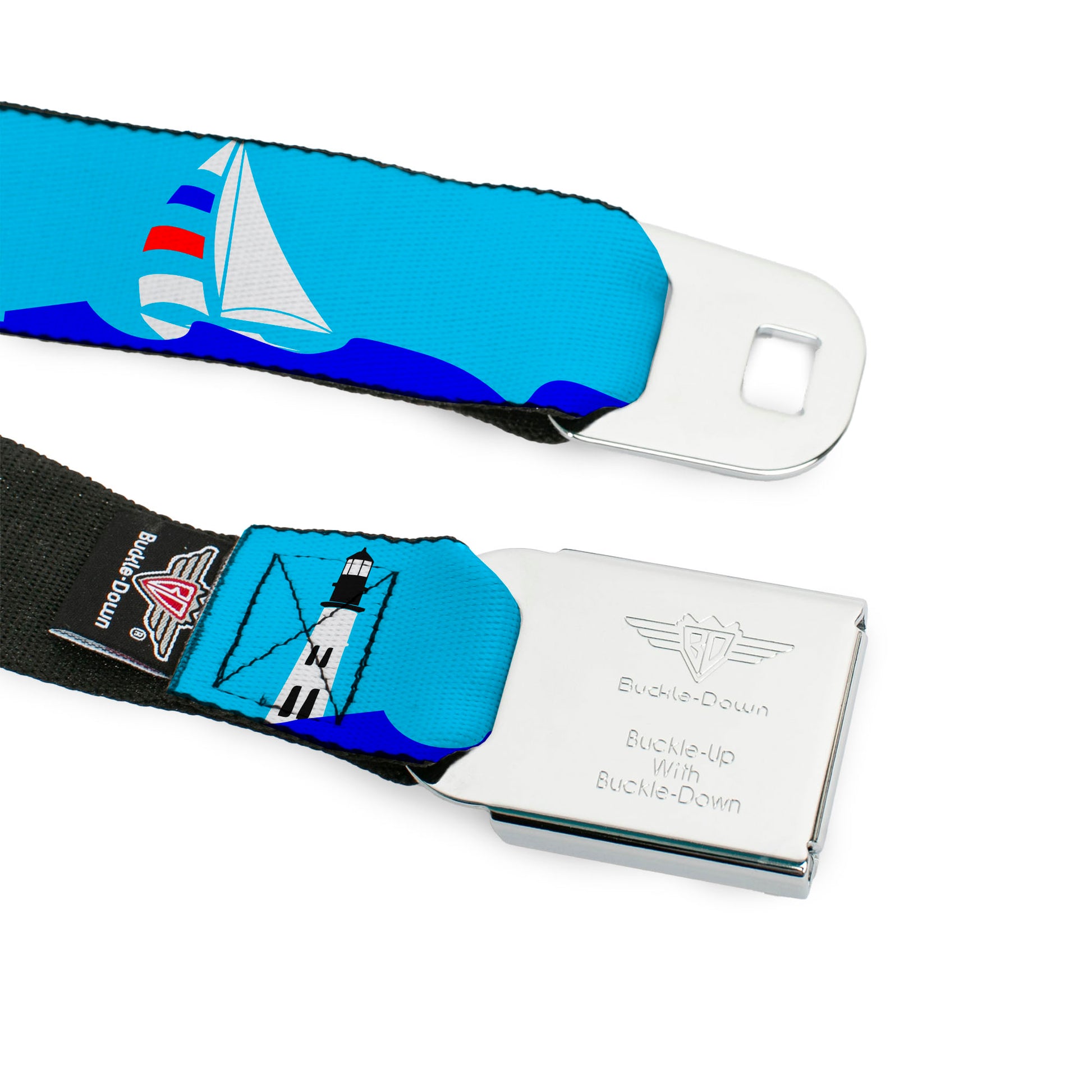 BD Wings Logo CLOSE-UP Full Color Black Silver Seatbelt Belt - Boats on the Water Webbing Seatbelt Belts Buckle-Down