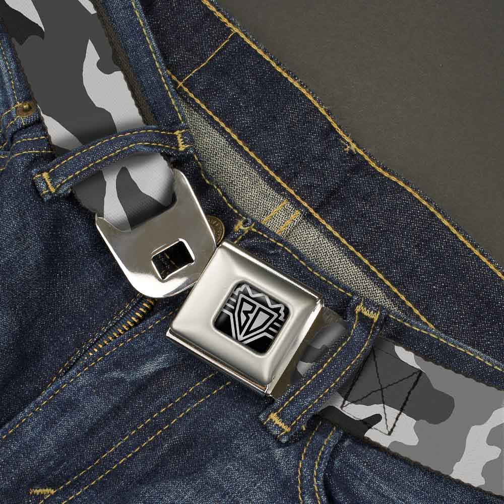 BD Wings Logo CLOSE-UP Full Color Black Silver Seatbelt Belt - Camo White Webbing Seatbelt Belts Buckle-Down