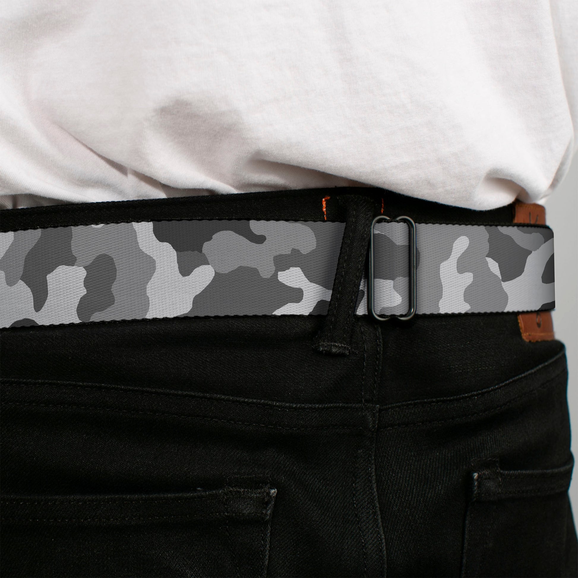 BD Wings Logo CLOSE-UP Full Color Black Silver Seatbelt Belt - Camo White Webbing Seatbelt Belts Buckle-Down