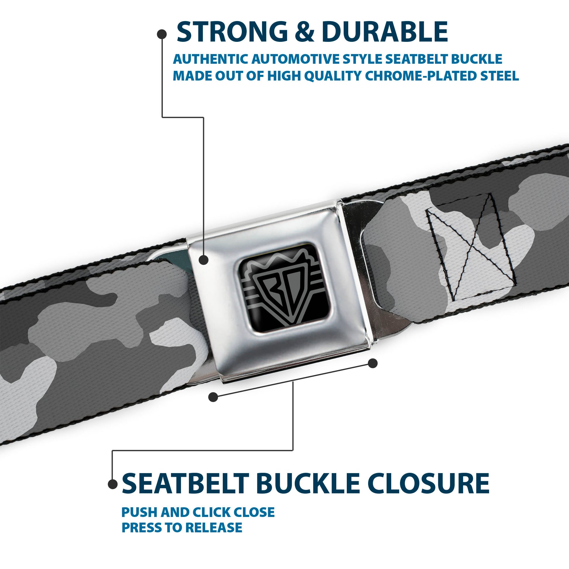BD Wings Logo CLOSE-UP Full Color Black Silver Seatbelt Belt - Camo White Webbing Seatbelt Belts Buckle-Down