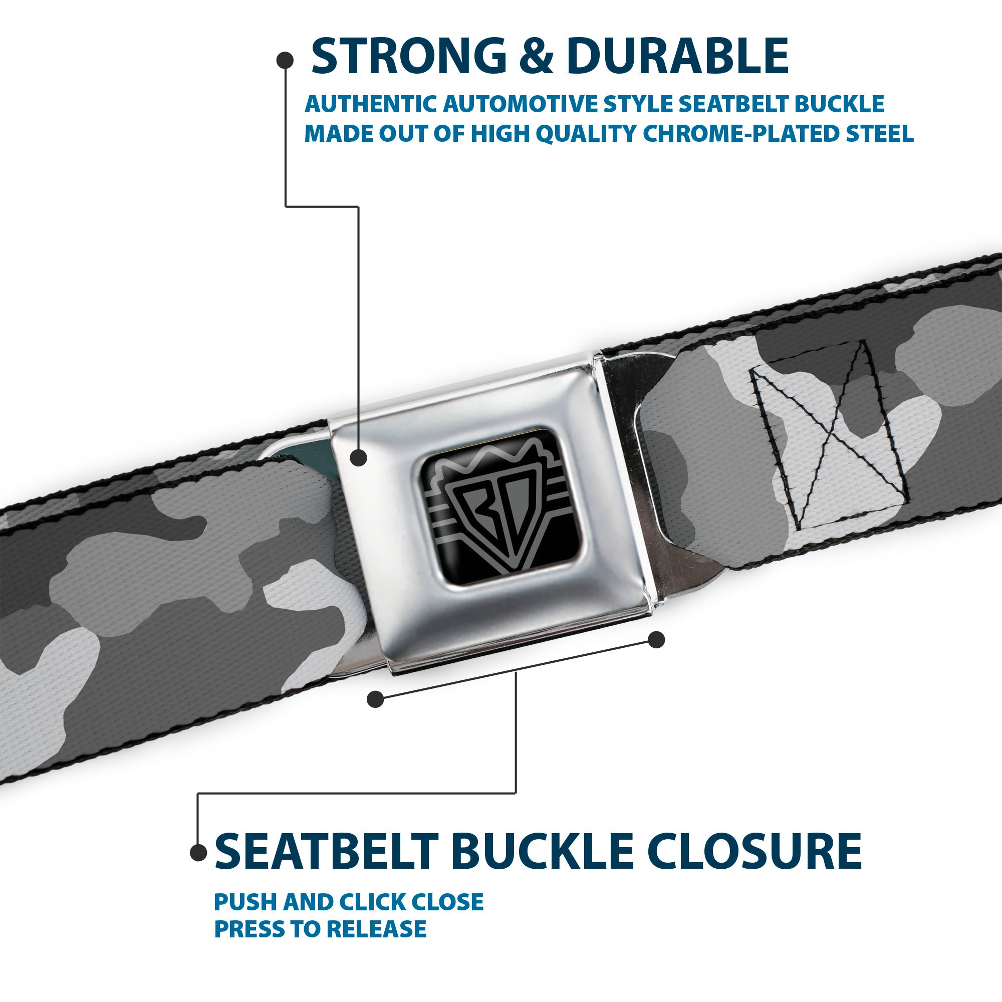 BD Wings Logo CLOSE-UP Full Color Black Silver Seatbelt Belt - Camo White Webbing Seatbelt Belts Buckle-Down