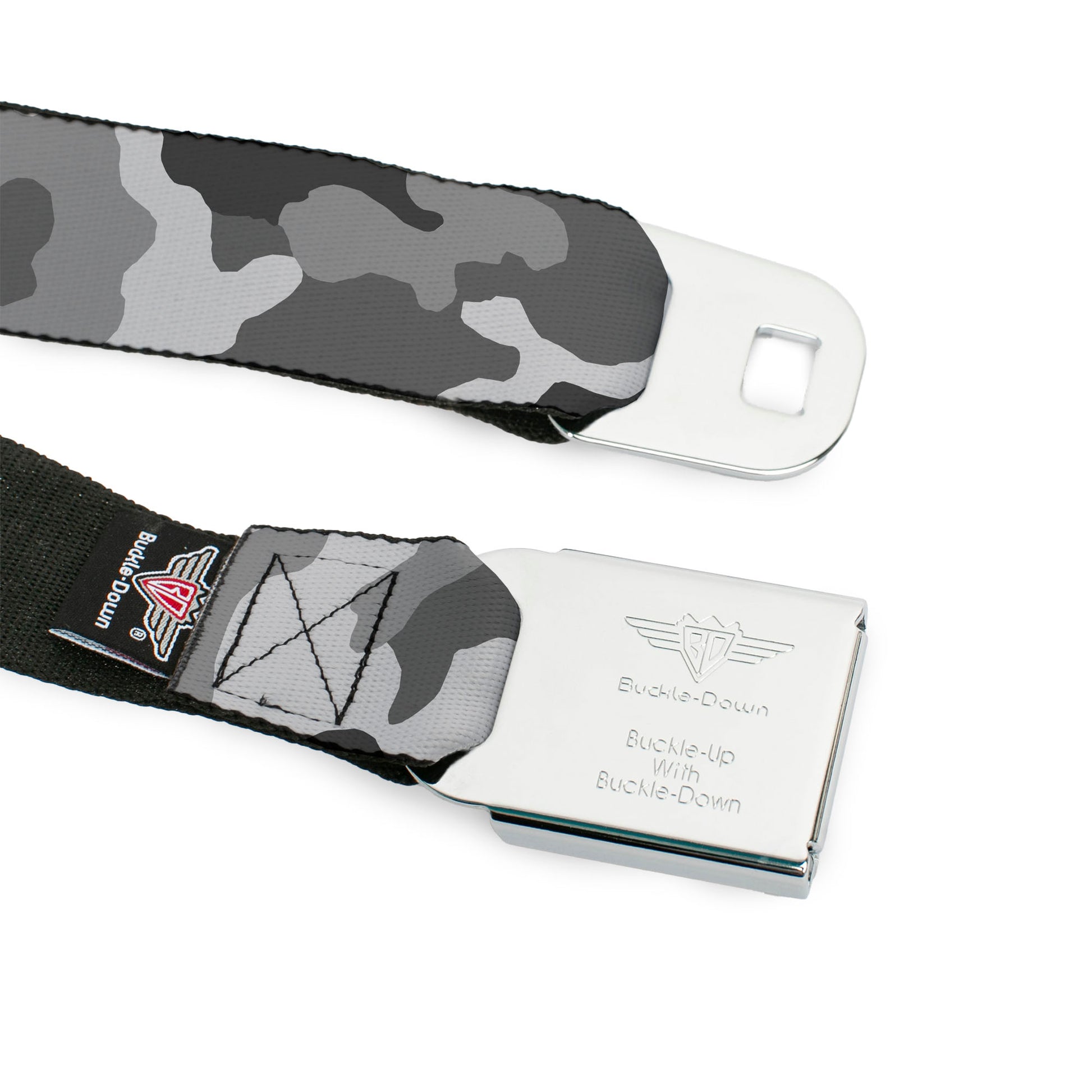 BD Wings Logo CLOSE-UP Full Color Black Silver Seatbelt Belt - Camo White Webbing Seatbelt Belts Buckle-Down